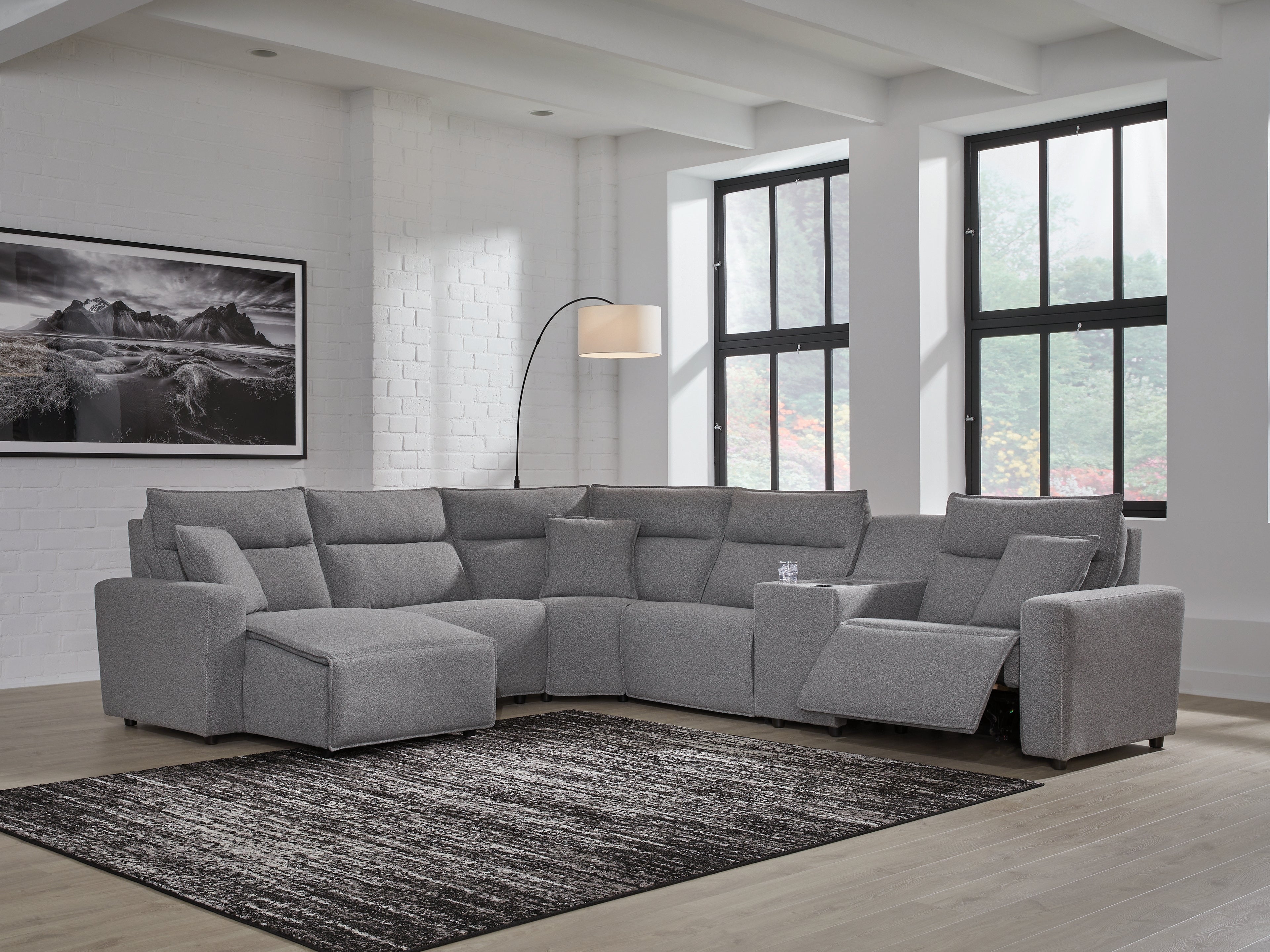 Hoover Furniture Outlet - Ashley Furniture - Modmax II 6-Piece Power Reclining Sectional with Chaise and Console - 6-Piece Power Reclining Sectional with Chaise and Console / Salt and Pepper - 65906S19