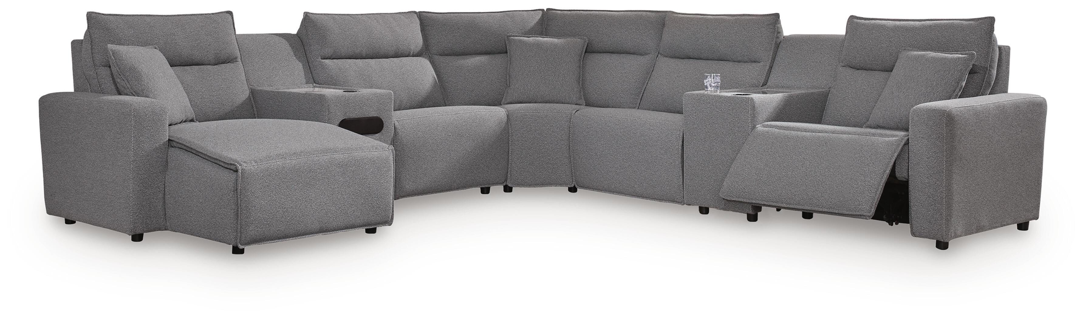 Hoover Furniture Outlet - Ashley Furniture - Modmax II 7-Piece Power Reclining Sectional with Chaise and Audio Console - 7-Piece Power Reclining Sectional with Chaise and Audio Console / Salt and Pepper - 65906S43