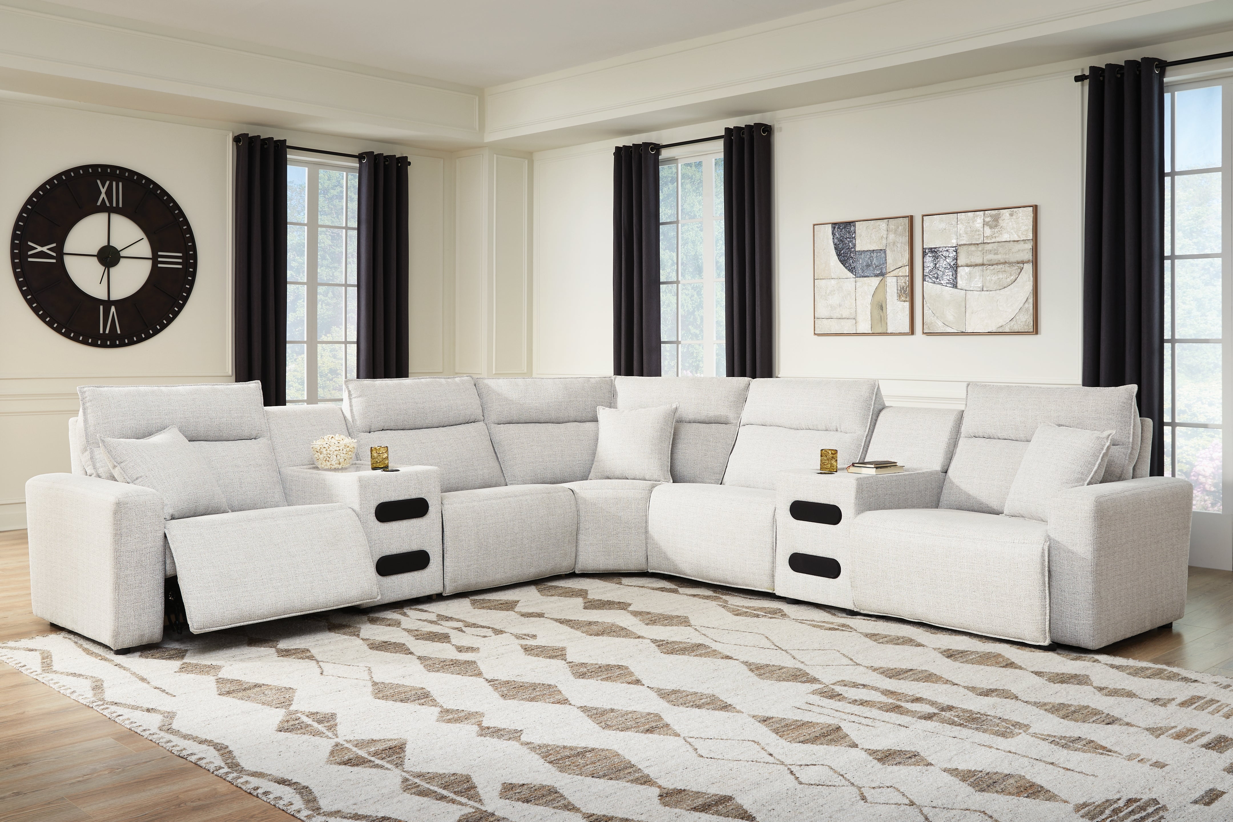 Hoover Furniture Outlet - Ashley Furniture - ModMax II 7-Piece Power Reclining Sectional with Audio Consoles - 7-Piece Power Reclining Sectional with Audio Consoles / Stone - 65907S9