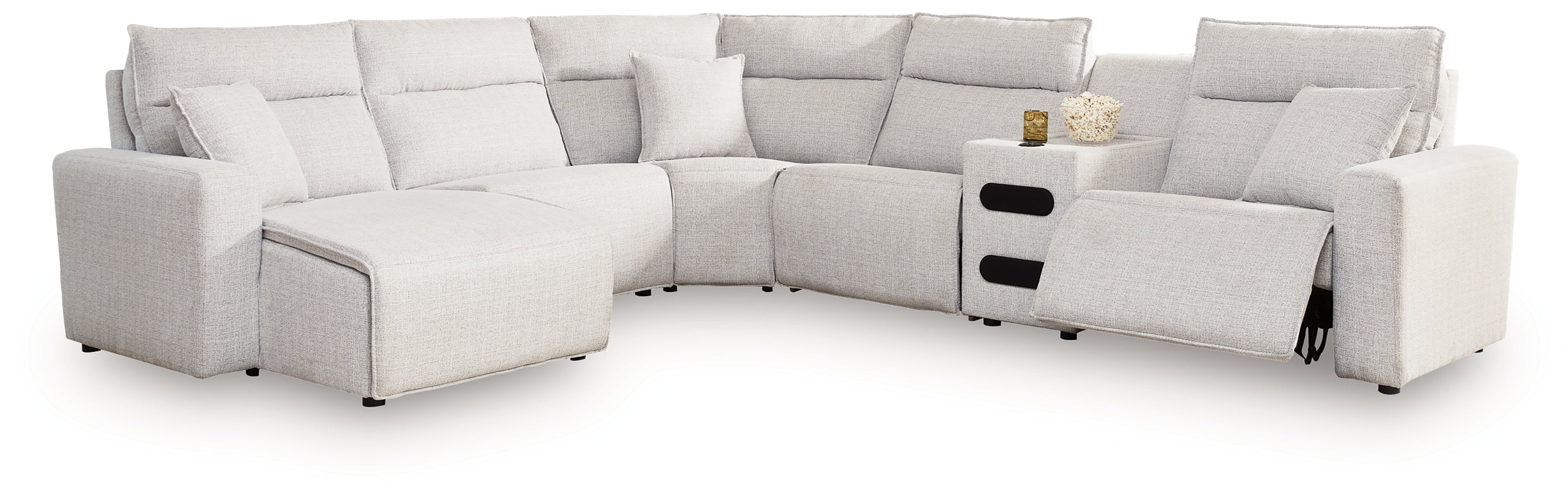 Hoover Furniture Outlet - Ashley Furniture - ModMax II 6-Piece Reclining Sectional with Chaise and Audio Console - 6-Piece Reclining Sectional with Chaise and Audio Console / Stone - 65907S29