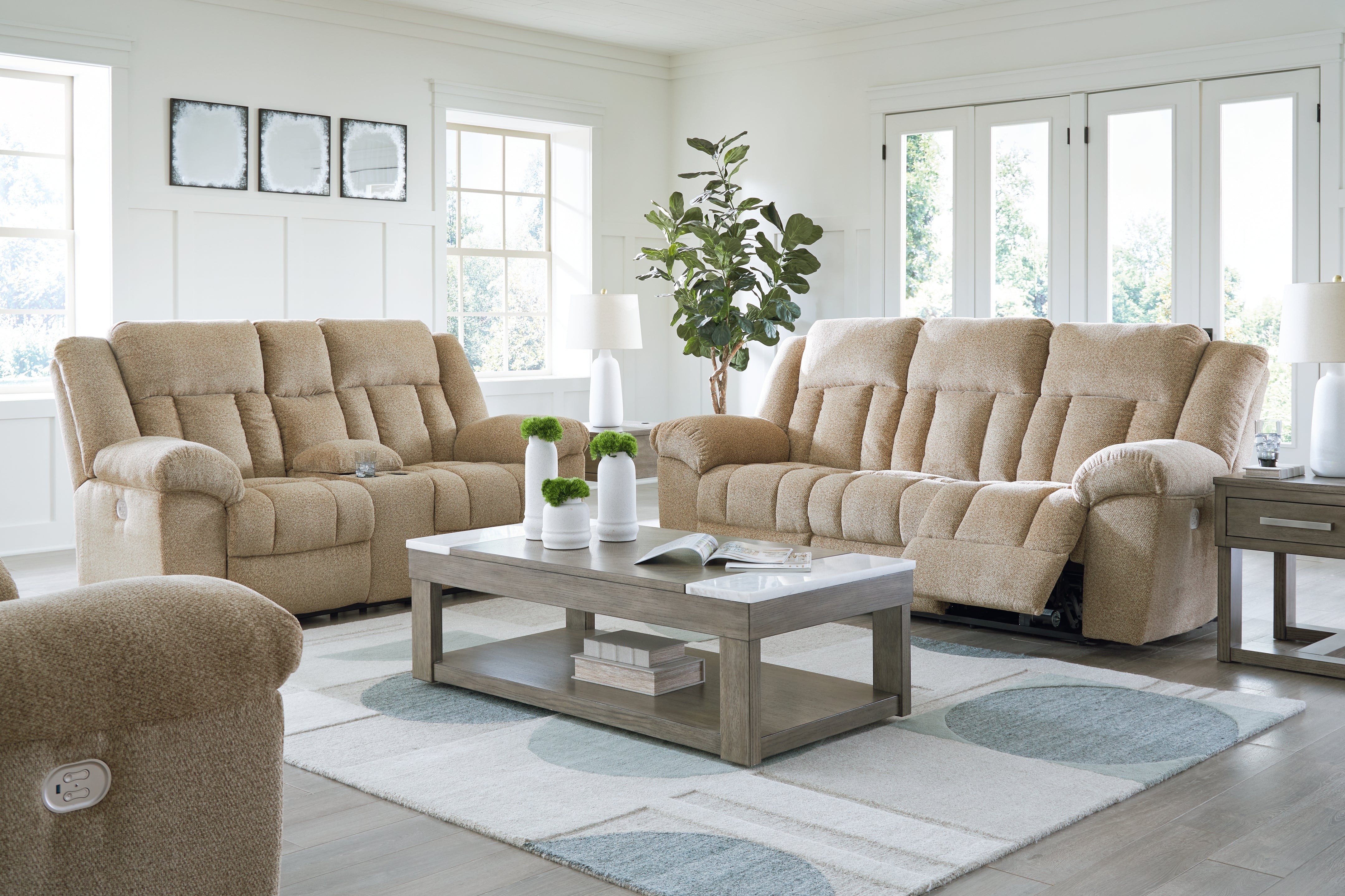 Hoover Furniture Outlet - Ashley Furniture - Tip-Off Power Reclining Sofa, Loveseat and Recliner - Power Reclining Sofa, Loveseat and Recliner / Wheat - 69305U2