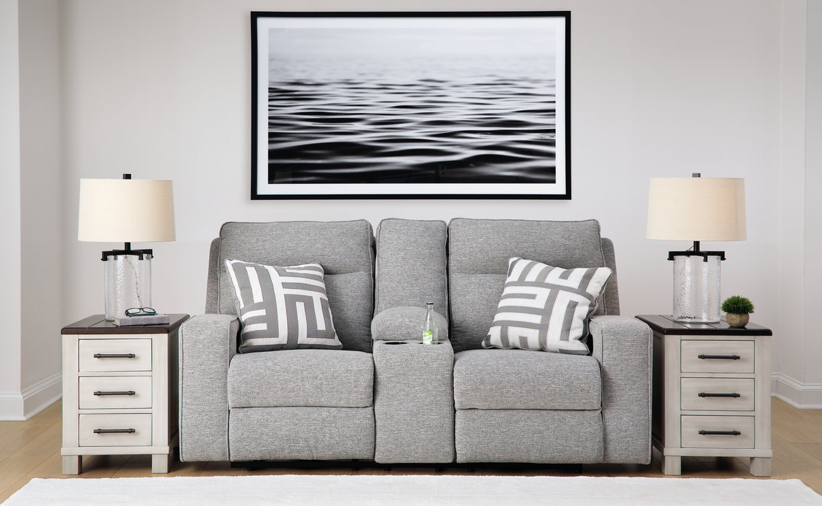 Hoover Furniture Outlet - Ashley Furniture - Biscoe Power Reclining Loveseat with Console - PWR REC Loveseat/CON/ADJ HDRST / Pewter - 9050318