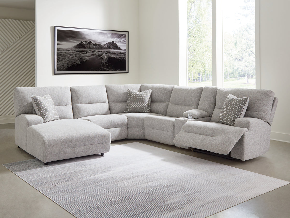 Hoover Furniture Outlet - Ashley Furniture - Acklen Place 6-Piece Power Reclining Sectional with Chaise - 6-Piece Power Reclining Sectional with Chaise / Pewter - 93605S2