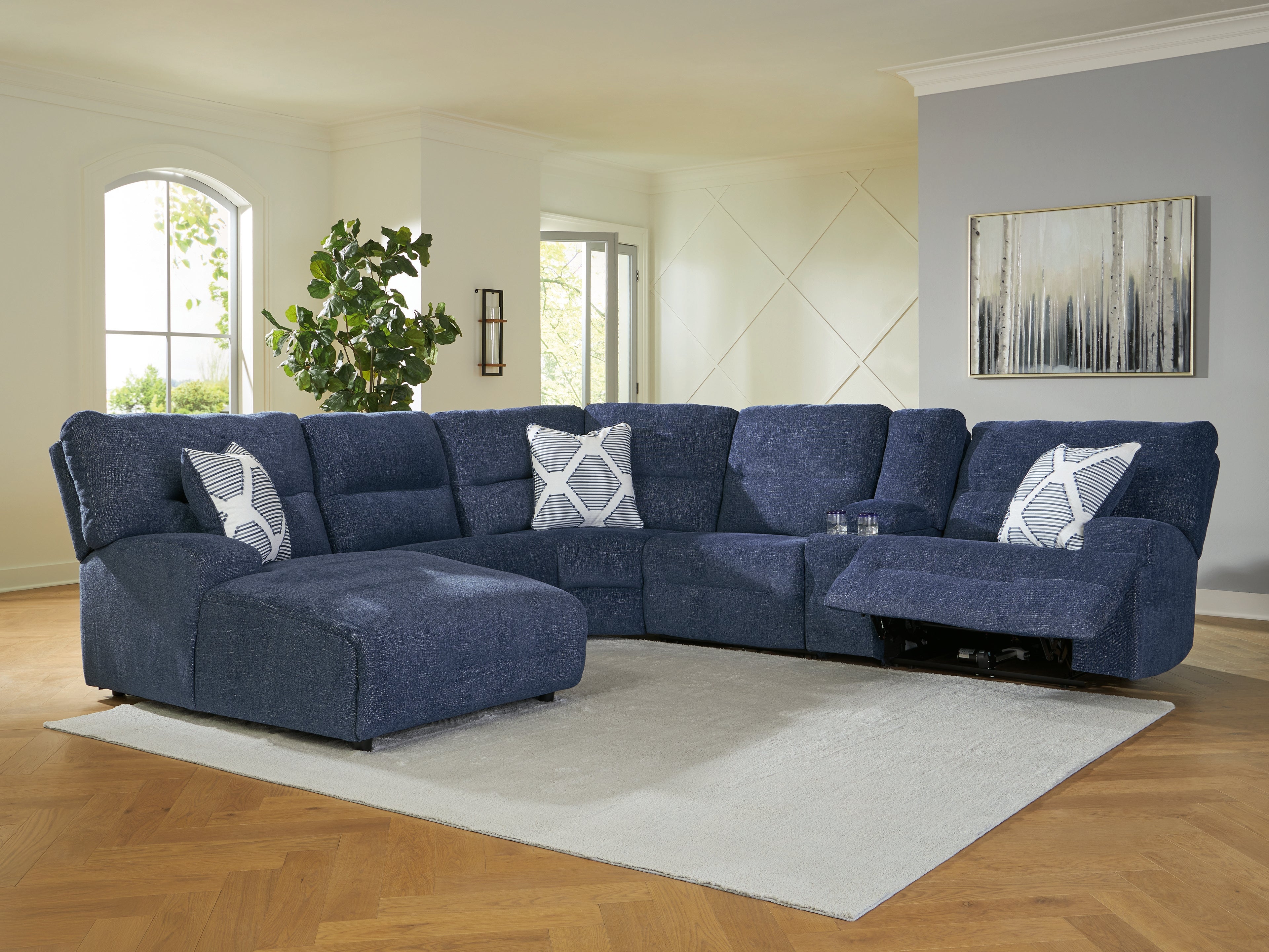 Hoover Furniture Outlet - Ashley Furniture - Acklen Place 6-Piece Power Reclining Sectional with Chaise - 6-Piece Power Reclining Sectional with Chaise / Navy - 93607S2