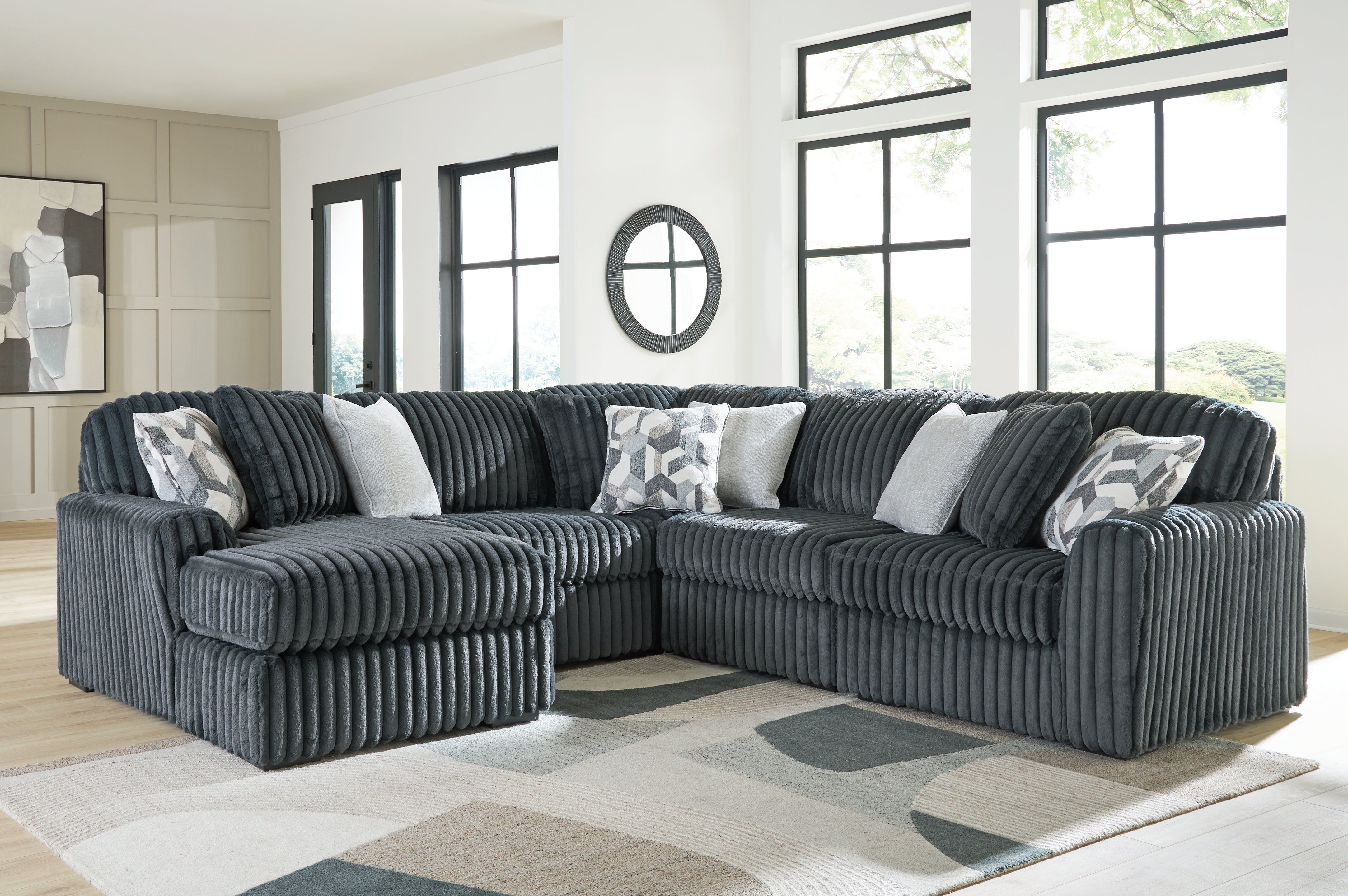 Hoover Furniture Outlet - Ashley Furniture - Midnight-Madness 5-Piece Sectional with Chaise - RAF 5-Piece Sectional with Chaise / Gunmetal - 98105S22