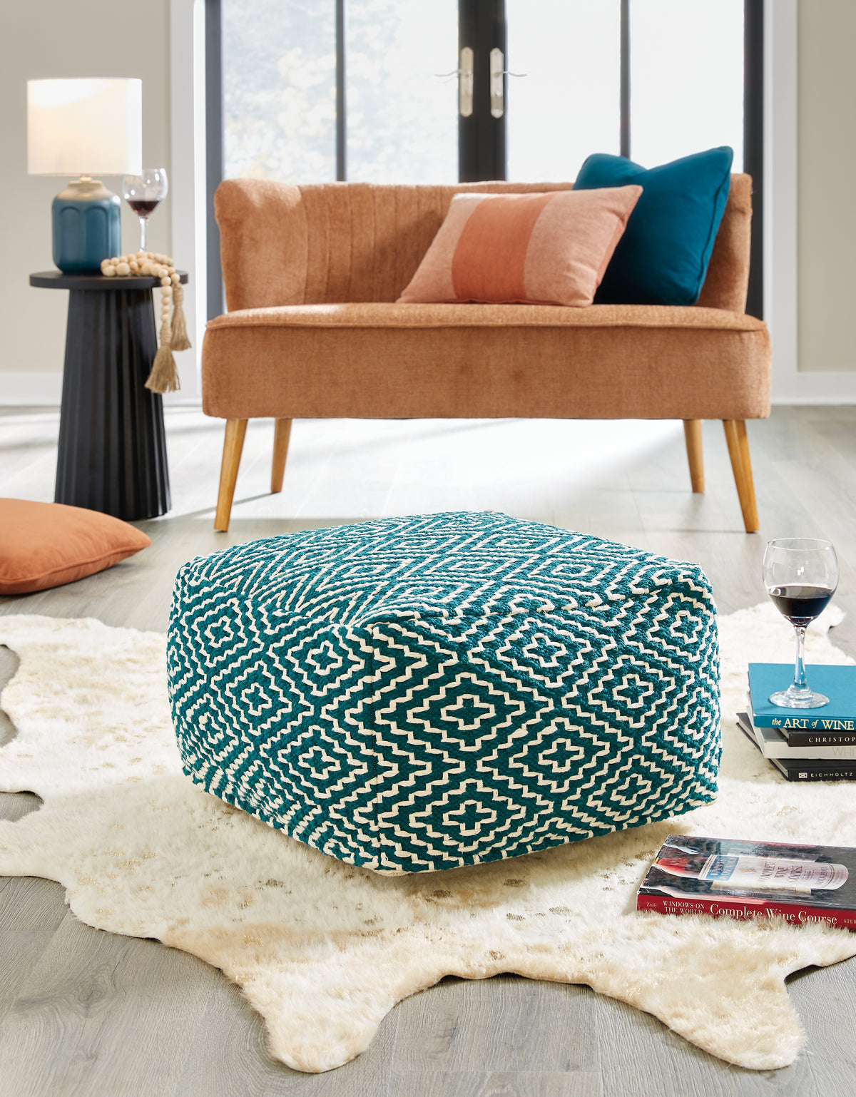Hoover Furniture Outlet - Ashley Furniture - Brynnsen Pouf - Pouf / Teal/Ivory - A1001055