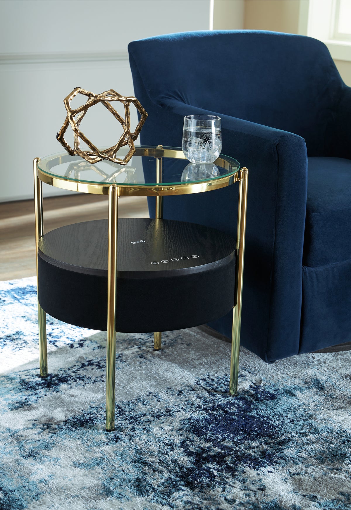Hoover Furniture Outlet - Ashley Furniture - Nedman Accent Table with Speaker - Accent Table with Speaker / Black/Gold Finish - A4000669