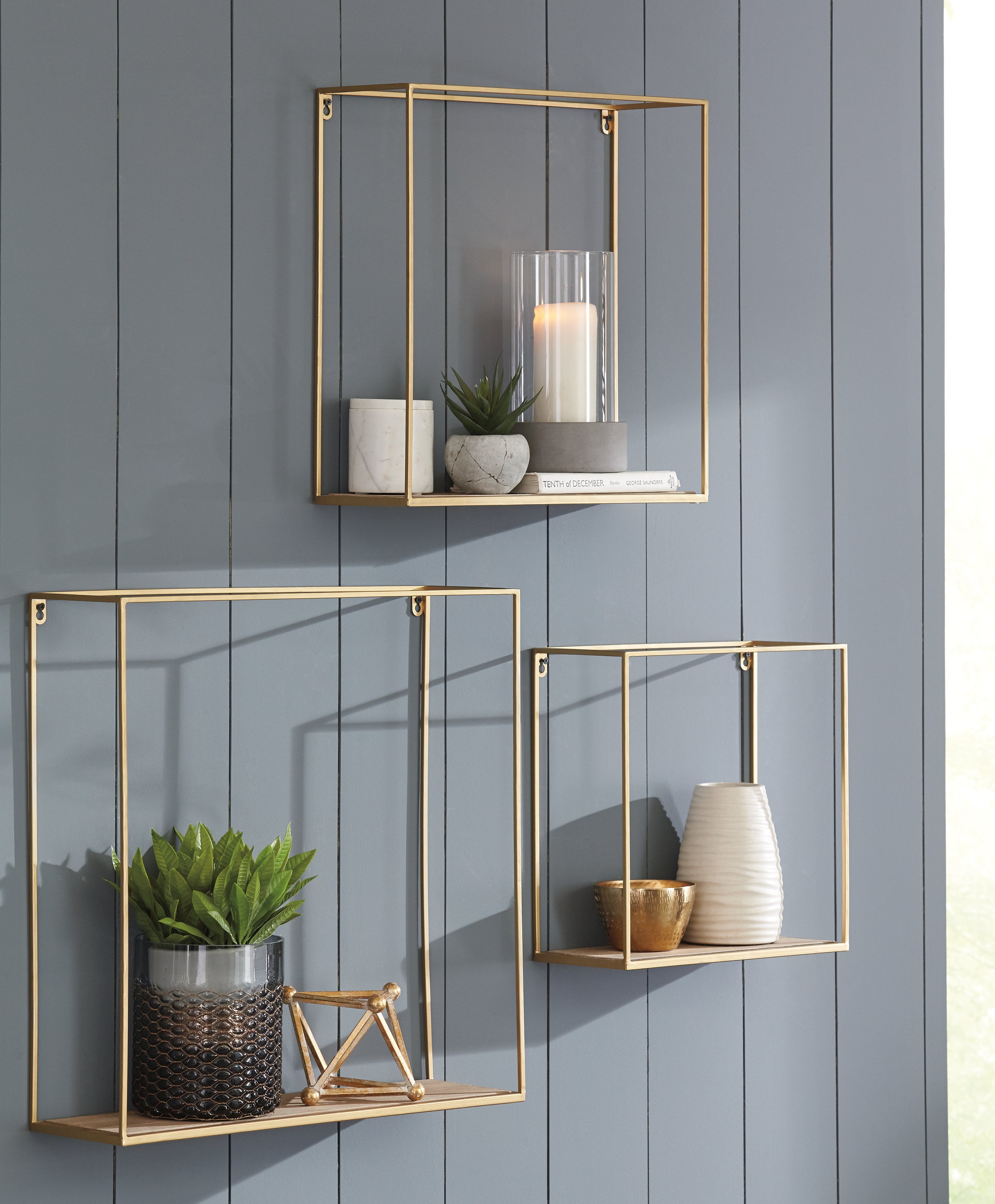 Hoover Furniture Outlet - Ashley Furniture - Efharis Wall Shelf (Set of 3) - Wall Shelf Set (3/CN) / Natural/Gold Finish - A8010107