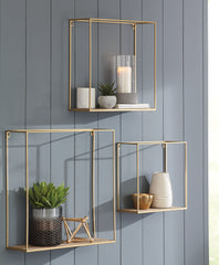 Hoover Furniture Outlet - Ashley Furniture - Efharis Wall Shelf (Set of 3) - Wall Shelf Set (3/CN) / Natural/Gold Finish - A8010107