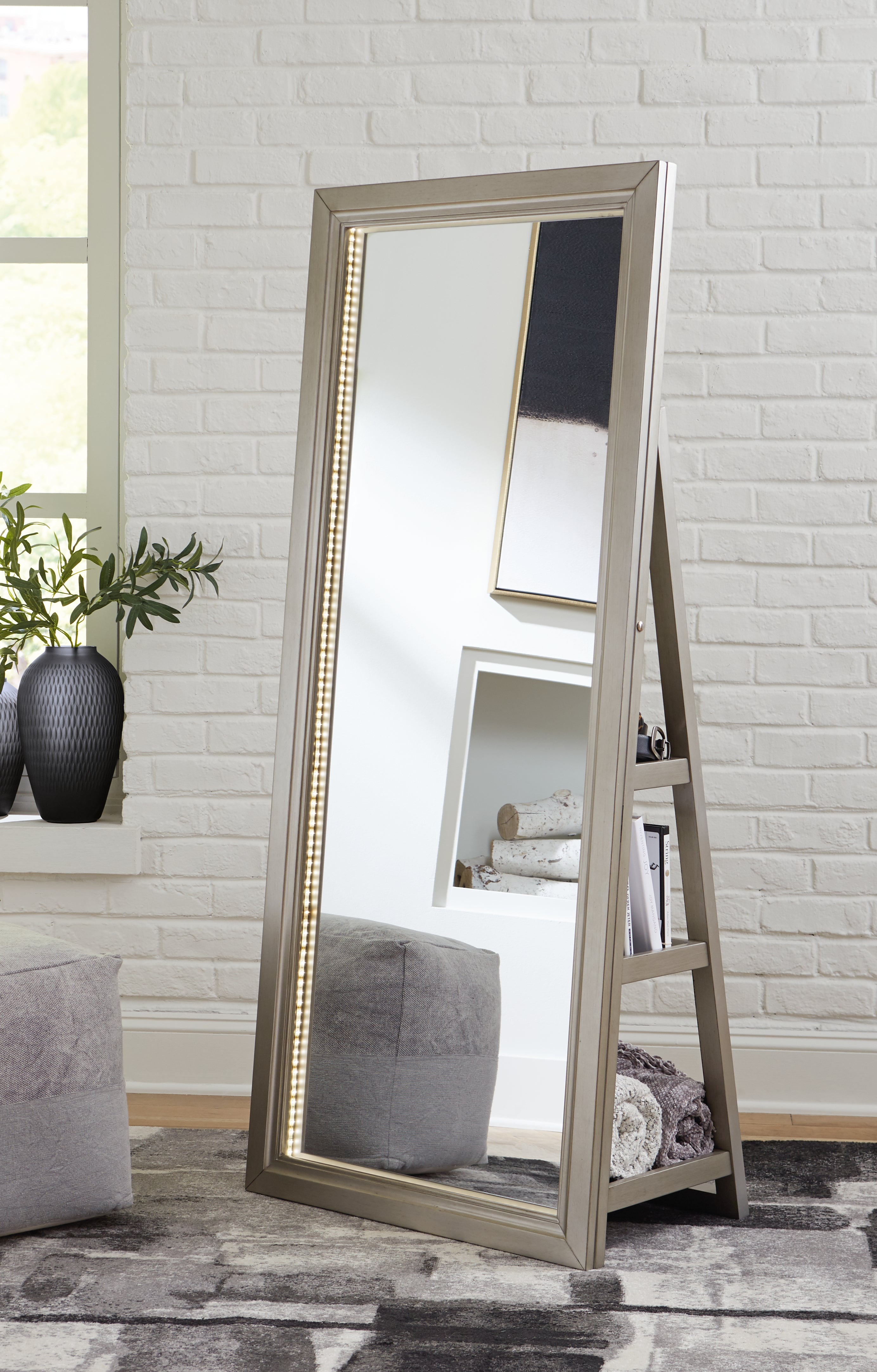Hoover Furniture Outlet - Ashley Furniture - Evesen Floor Standing Mirror with Storage - Floor Standing Mirror/Storage / Champagne - A8010379