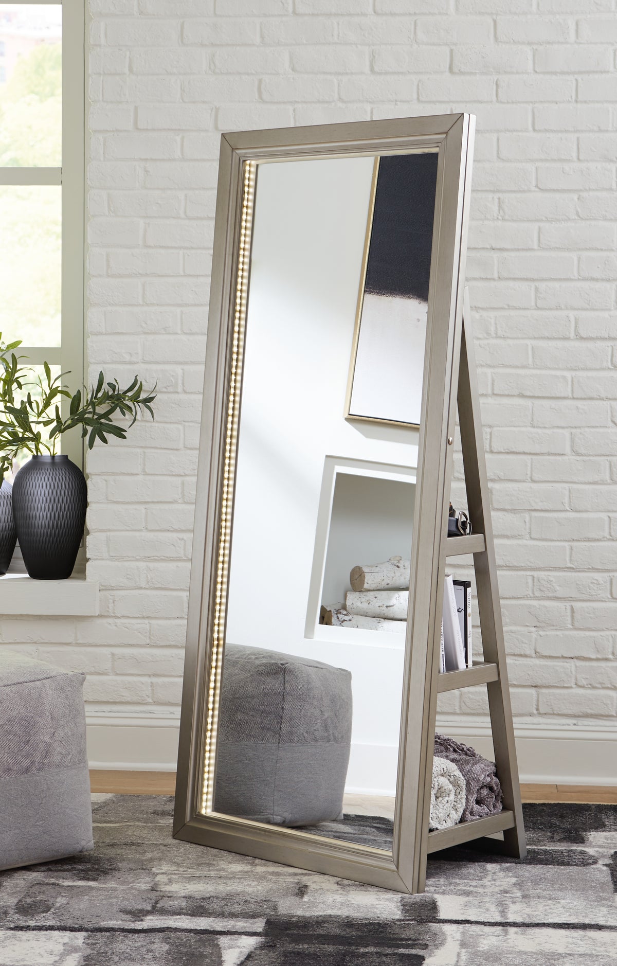 Hoover Furniture Outlet - Ashley Furniture - Evesen Floor Standing Mirror with Storage - Floor Standing Mirror/Storage / Champagne - A8010379