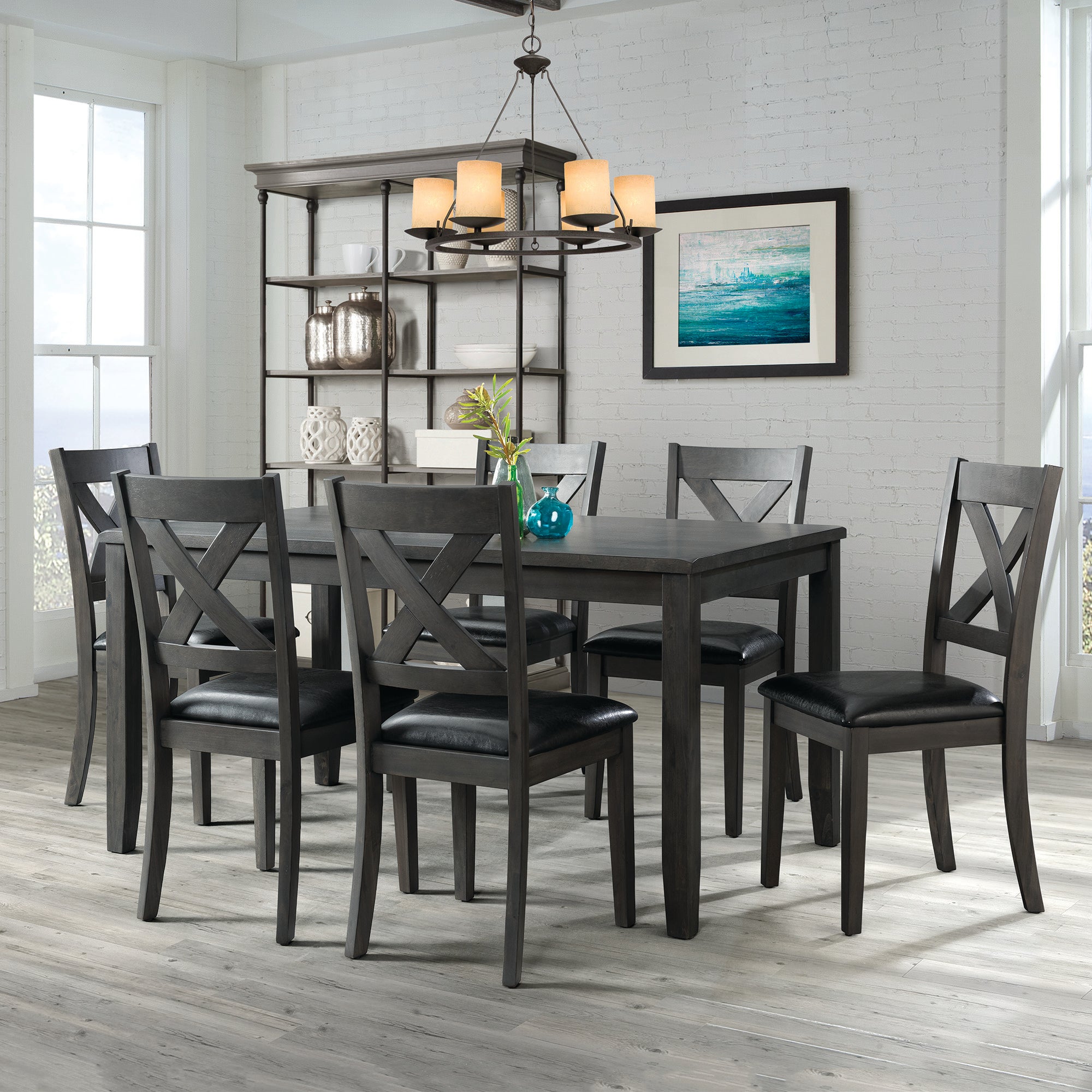 Alex Grey 60" 7 PC Dining Set (Grey Table with Black PU Seat) – SKU DAX4007DS | Elements