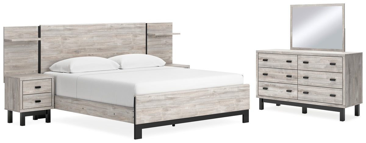 Hoover Furniture Outlet - Ashley Furniture - Vessalli King Panel Bed, Dresser, Mirror and 2 Nightstands - King Panel Bed, Dresser, Mirror and 2 Nightstands - B1036B14