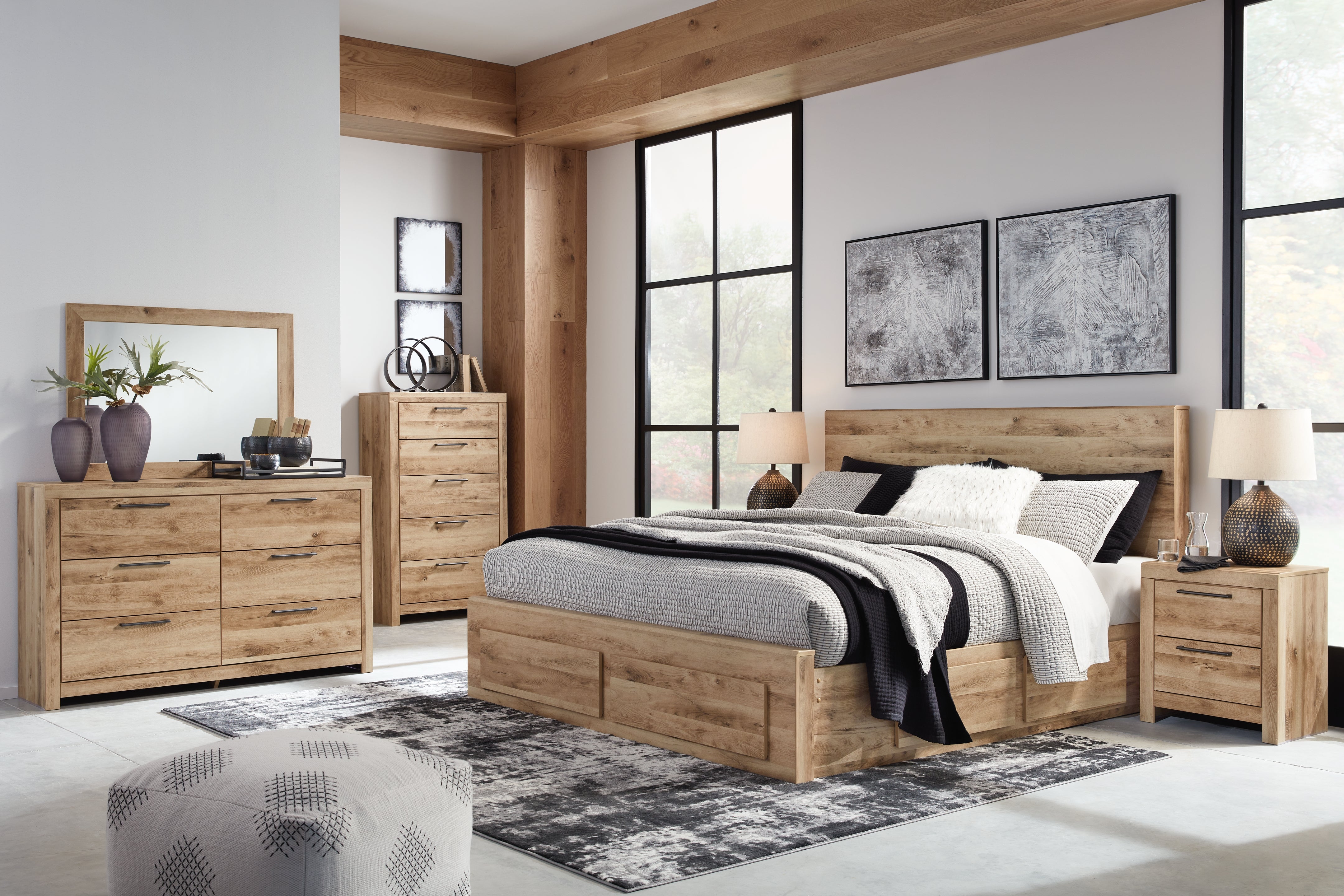 Hyanna King Panel Storage Bed with 2 Side Storage, Dresser and Mirror