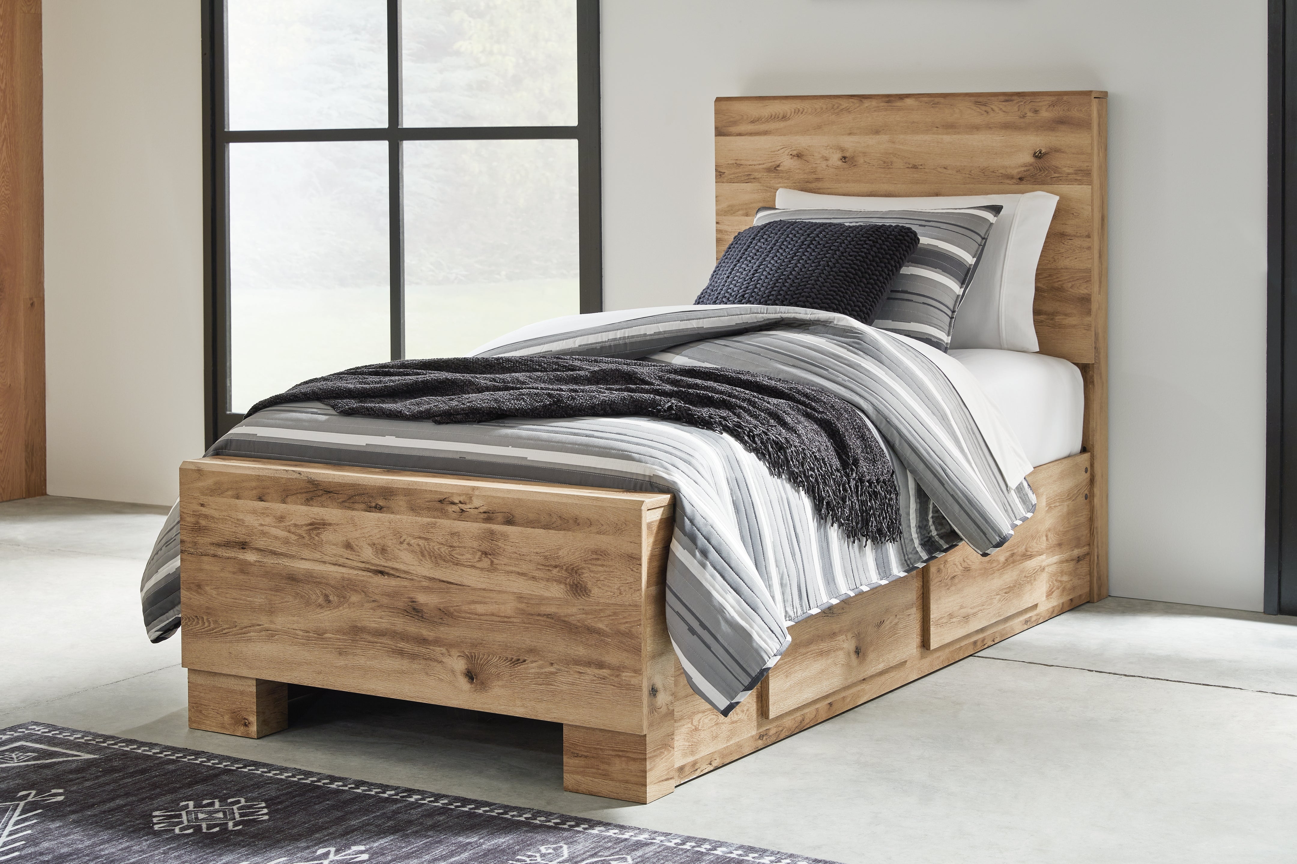 Hoover Furniture Outlet - Ashley Furniture - Hyanna Twin Panel Bed with 1 Side Storage - Twin Panel Bed with 1 Side Storage / Tan Brown - B1050B24