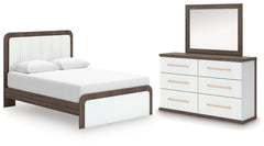 Kendanport Queen Upholstered Platform Bed, Dresser and Mirror