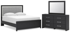 Maeling Queen Upholstered Panel Bed, Dresser and Mirror