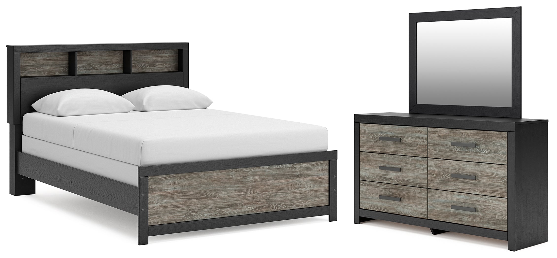 Hoover Furniture Outlet - Ashley Furniture - Broachmyn Queen Bookcase Bed, Dresser and Mirror - Queen Bookcase Bed, Dresser and Mirror - PCB1118B3