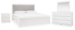 Maeling Queen Upholstered Panel Bed, Dresser, Mirror and Nightstand