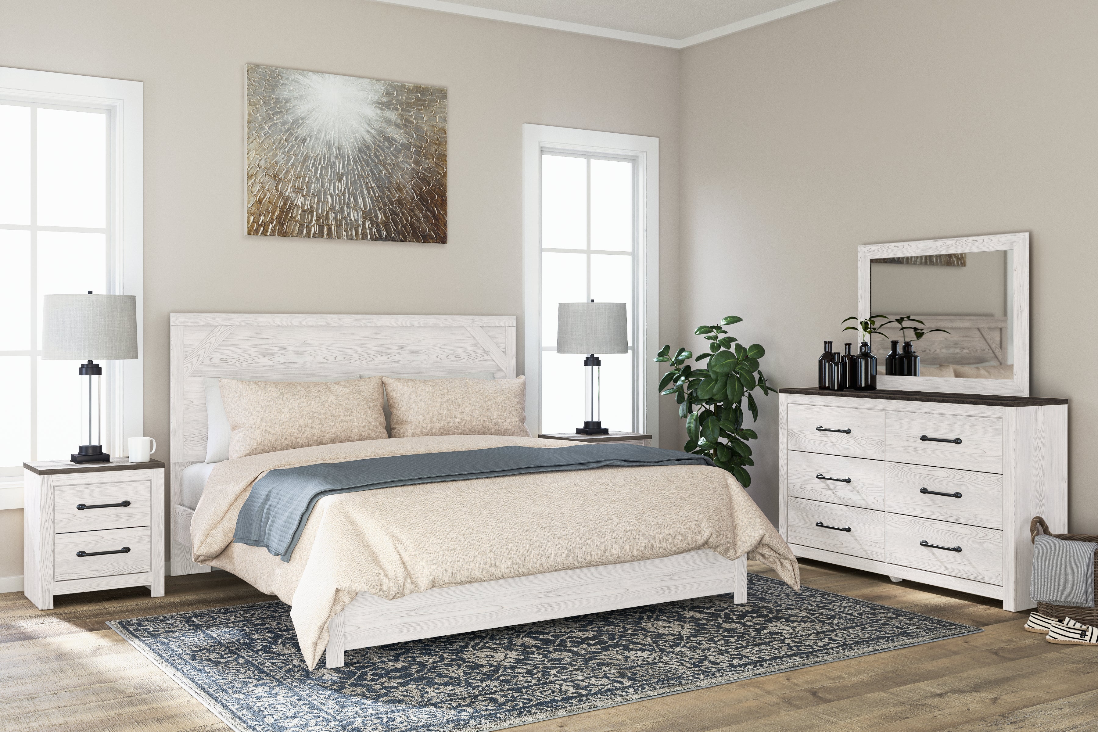 Hoover Furniture Outlet - Ashley Furniture - Gerridan King Panel Bed, Dresser, Mirror and 2 Nightstands - King Panel Bed, Dresser, Mirror and 2 Nightstands - B1190B19