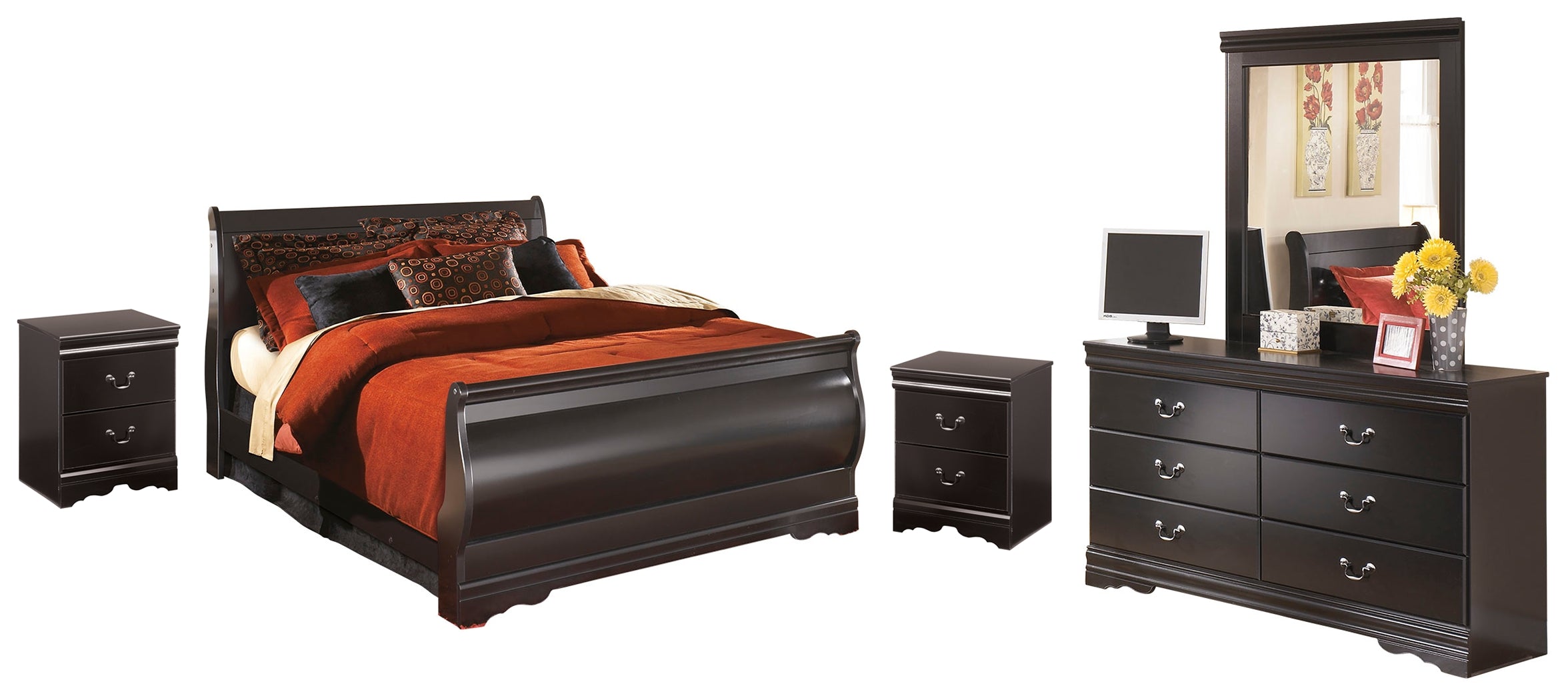 Hoover Furniture Outlet - Ashley Furniture - Huey Vineyard Queen Sleigh Bed with Mirrored Dresser and 2 Nightstands - Queen Sleigh Bed with Mirrored Dresser and 2 Nightstands - B128B15