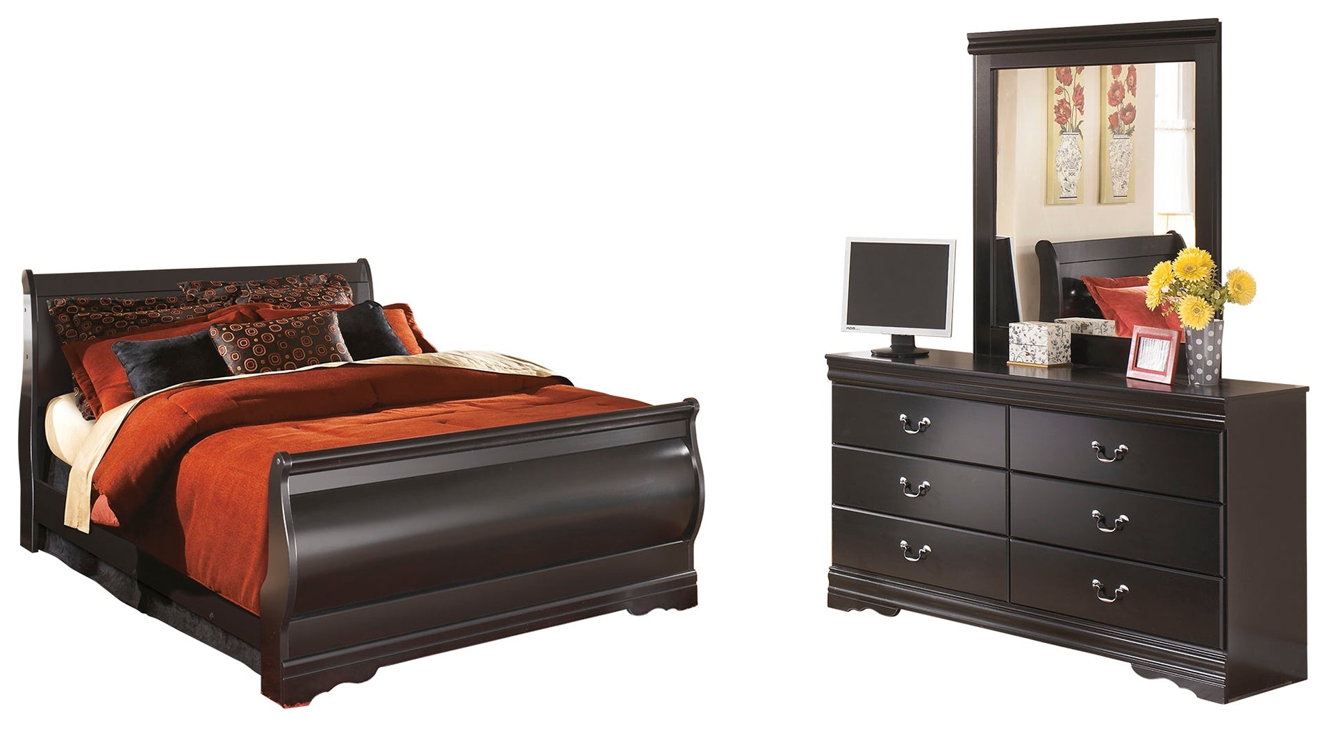 Hoover Furniture Outlet - Ashley Furniture - Huey Vineyard Queen Sleigh Bed with Dresser and Mirror - Queen Sleigh Bed with Dresser and Mirror - B128B6