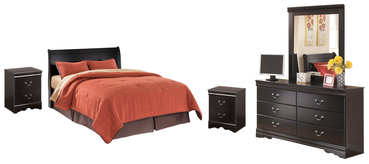 Hoover Furniture Outlet - Ashley Furniture - Huey Vineyard Queen Sleigh Headboard with Dresser, Mirror and 2 Nightstands - Queen Sleigh Headboard with Dresser, Mirror and 2 Nightstands / Black - B128B21