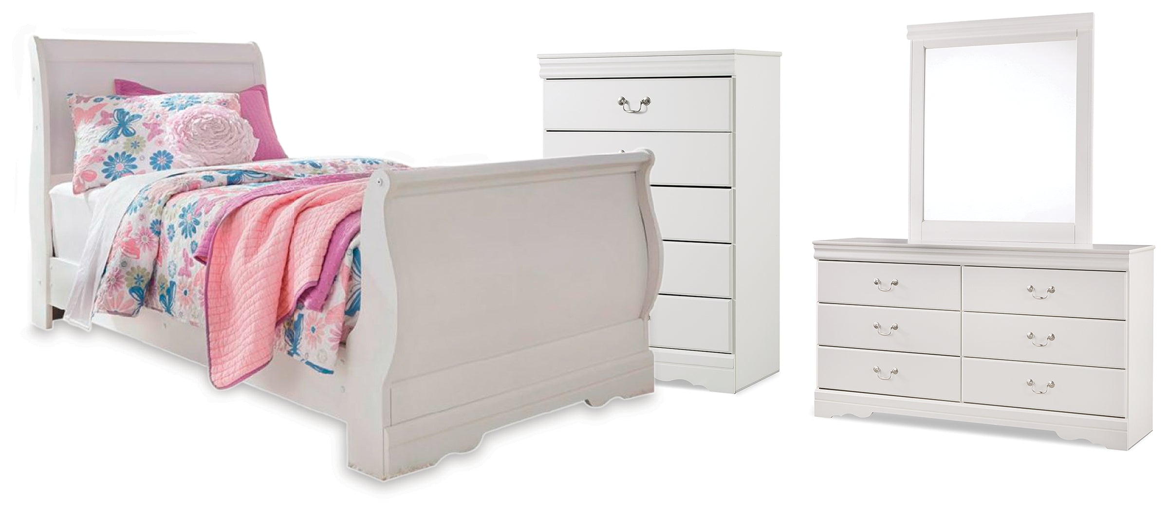 Hoover Furniture Outlet - Ashley Furniture - Anarasia Twin Sleigh Bed, Dresser, Mirror and Chest - Twin Sleigh Bed, Dresser, Mirror and Chest - B129B21