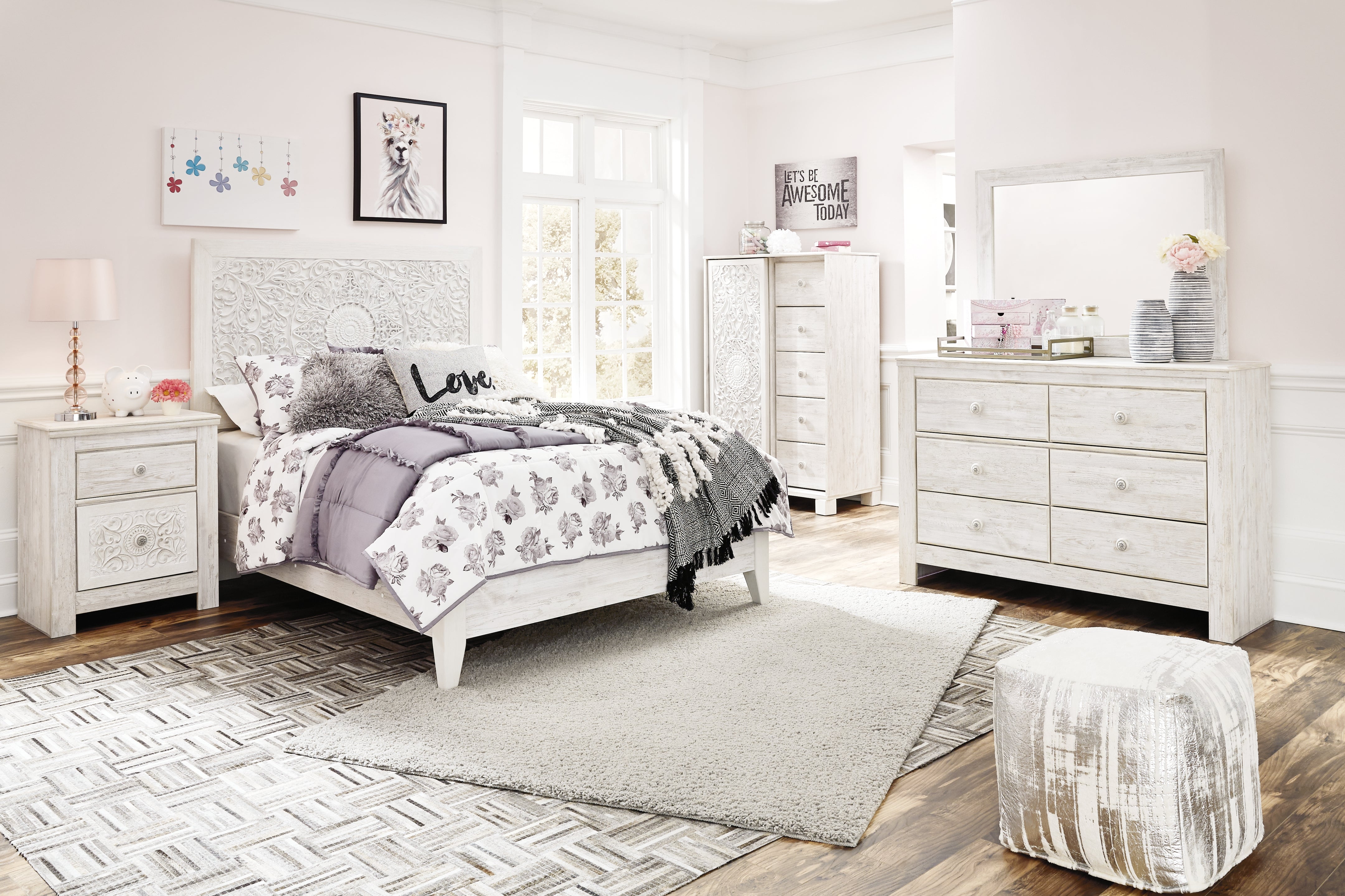 Hoover Furniture Outlet - Ashley Furniture - Paxberry Full Panel Bed, Dresser, Mirror and Chest - Full Panel Bed, Dresser, Mirror and Chest / Whitewash - B181B17