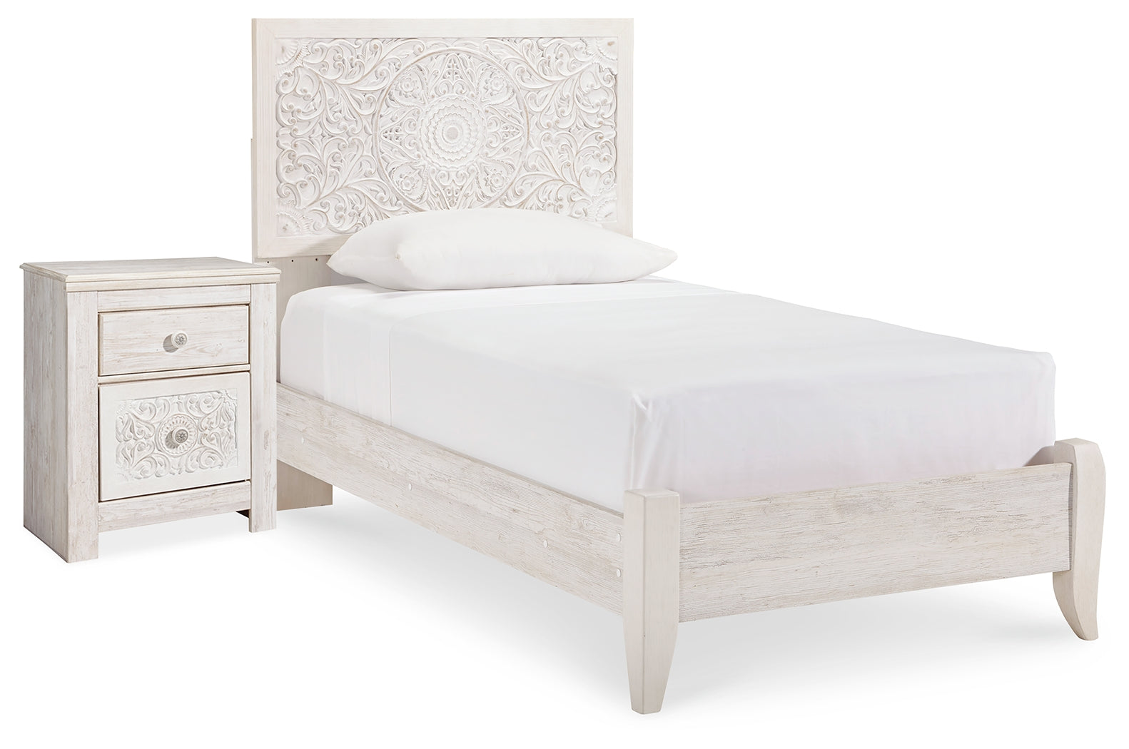 Hoover Furniture Outlet - Ashley Furniture - Paxberry Twin Panel Bed and Nightstand - Twin Panel Bed and Nightstand / Whitewash - B181B18