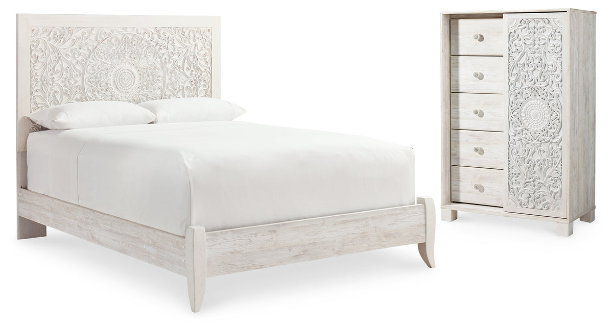Hoover Furniture Outlet - Ashley Furniture - Paxberry Queen Panel Bed and Chest - Queen Panel Bed and Chest / Whitewash - B181B21