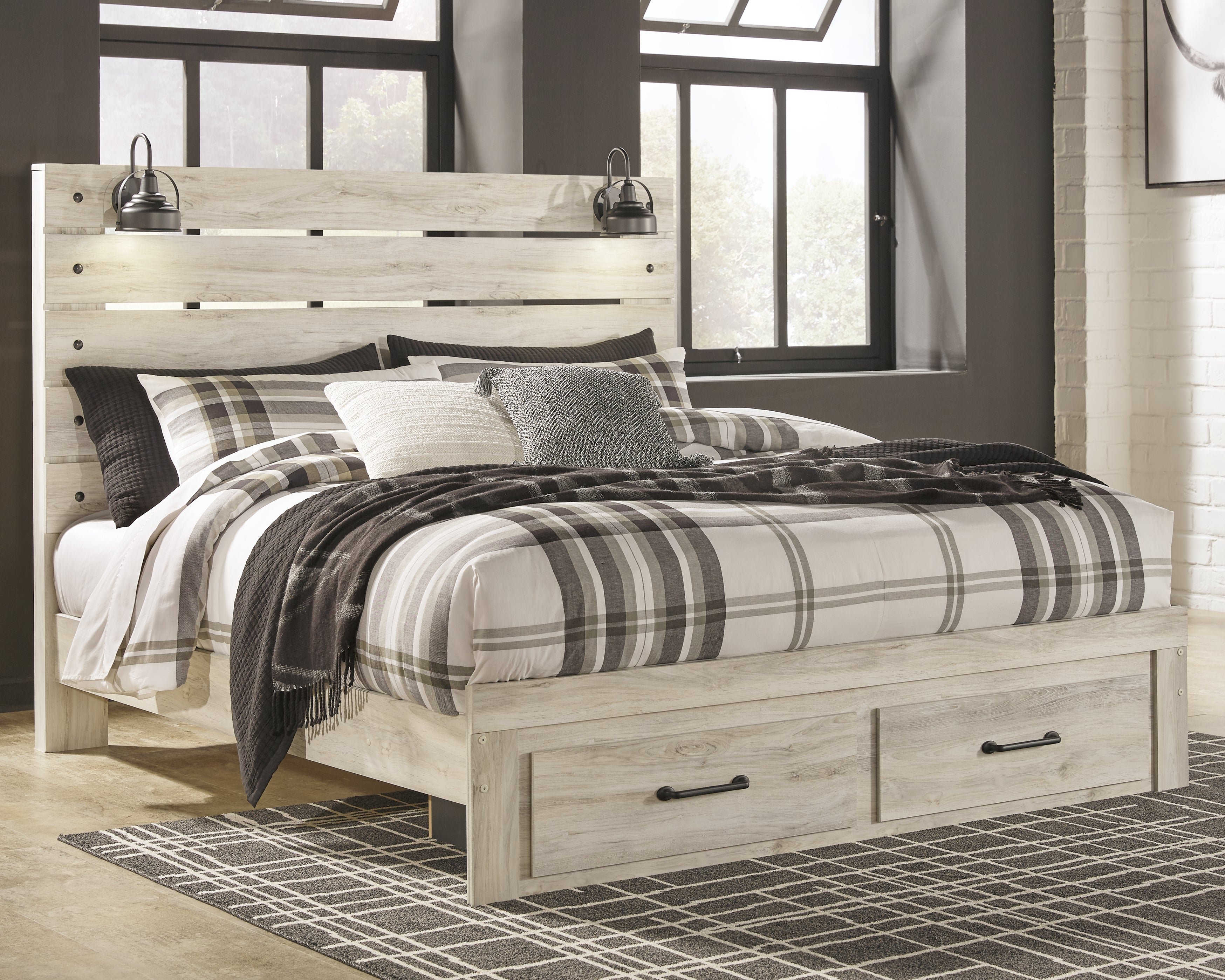 Hoover Furniture Outlet - Ashley Furniture - Cambeck King Panel Bed with 2 Storage Drawers - King Panel Bed with 2 Storage Drawers / Whitewash - B192B31
