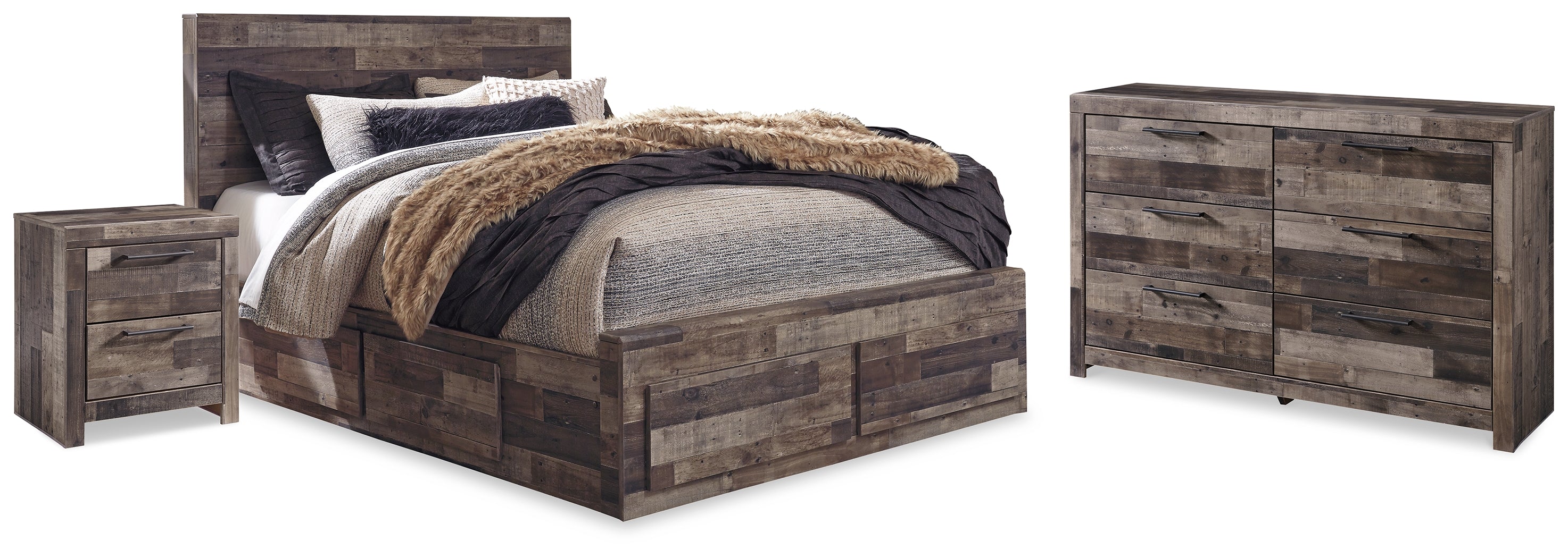 Hoover Furniture Outlet - Ashley Furniture - Derekson Queen Panel Storage Bed, Dresser and 2 Nightstand - Queen Panel Storage Bed, Dresser and 2 Nightstand / Multi Gray - B200B58