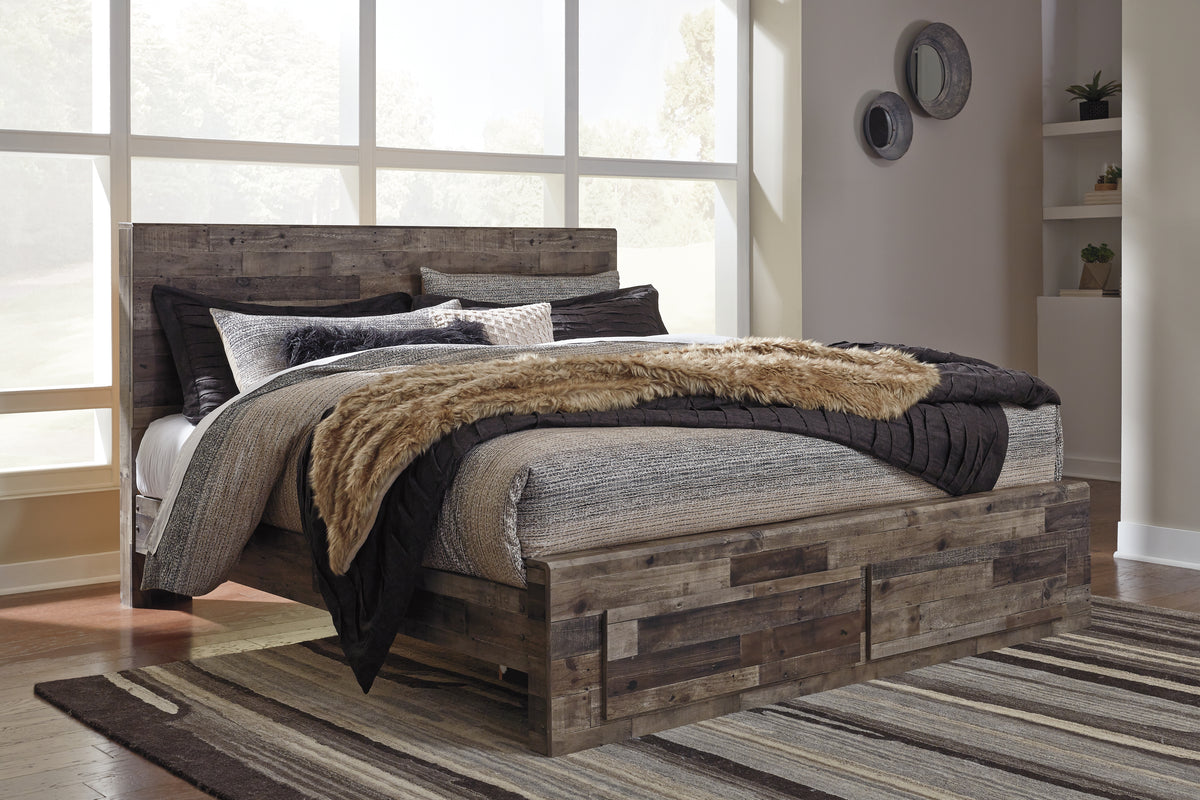 Hoover Furniture Outlet - Ashley Furniture - Derekson King Panel Bed with 2 Storage Drawers - King Panel Bed with 2 Storage Drawers / Multi Gray - B200B14