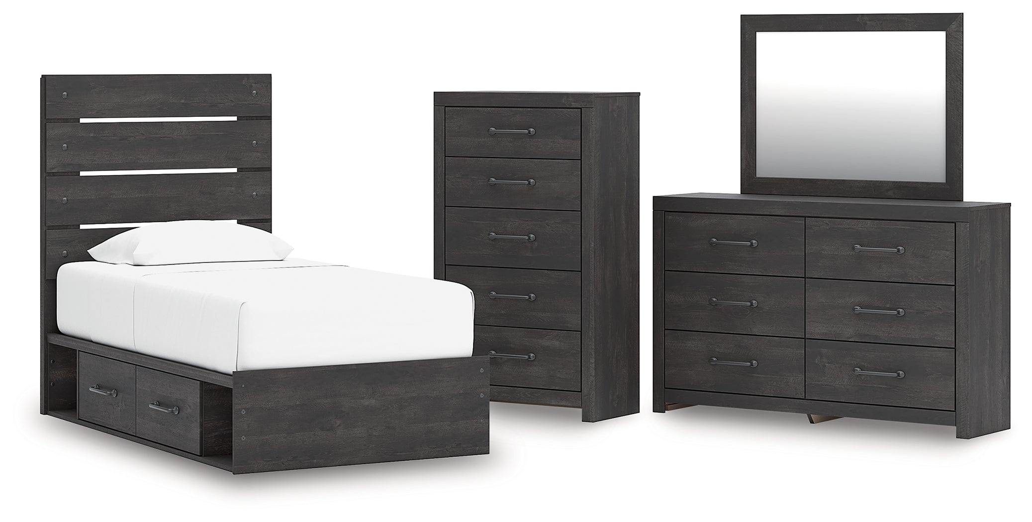 Hoover Furniture Outlet - Ashley Furniture - Hollivern Twin Panel Storage Bed, Dresser, Mirror and Chest - Twin Panel Storage Bed, Dresser, Mirror and Chest - PCB2108B26