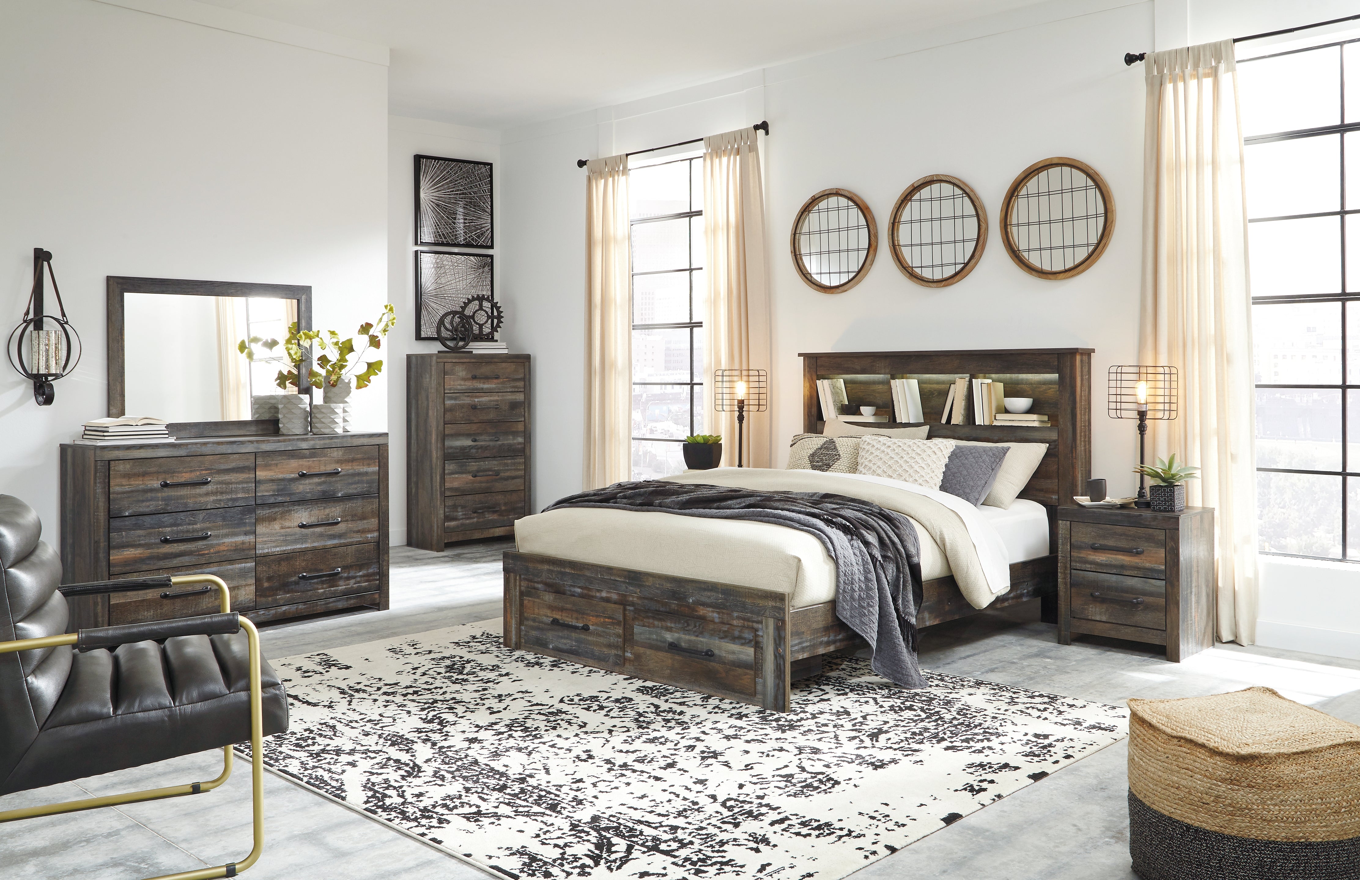 Hoover Furniture Outlet - Ashley Furniture - Drystan Queen Bookcase Storage Bed, Dresser, Mirror, Chest and 2 Nightstands - Queen Bookcase Storage Bed, Dresser, Mirror, Chest and 2 Nightstands - B211B79