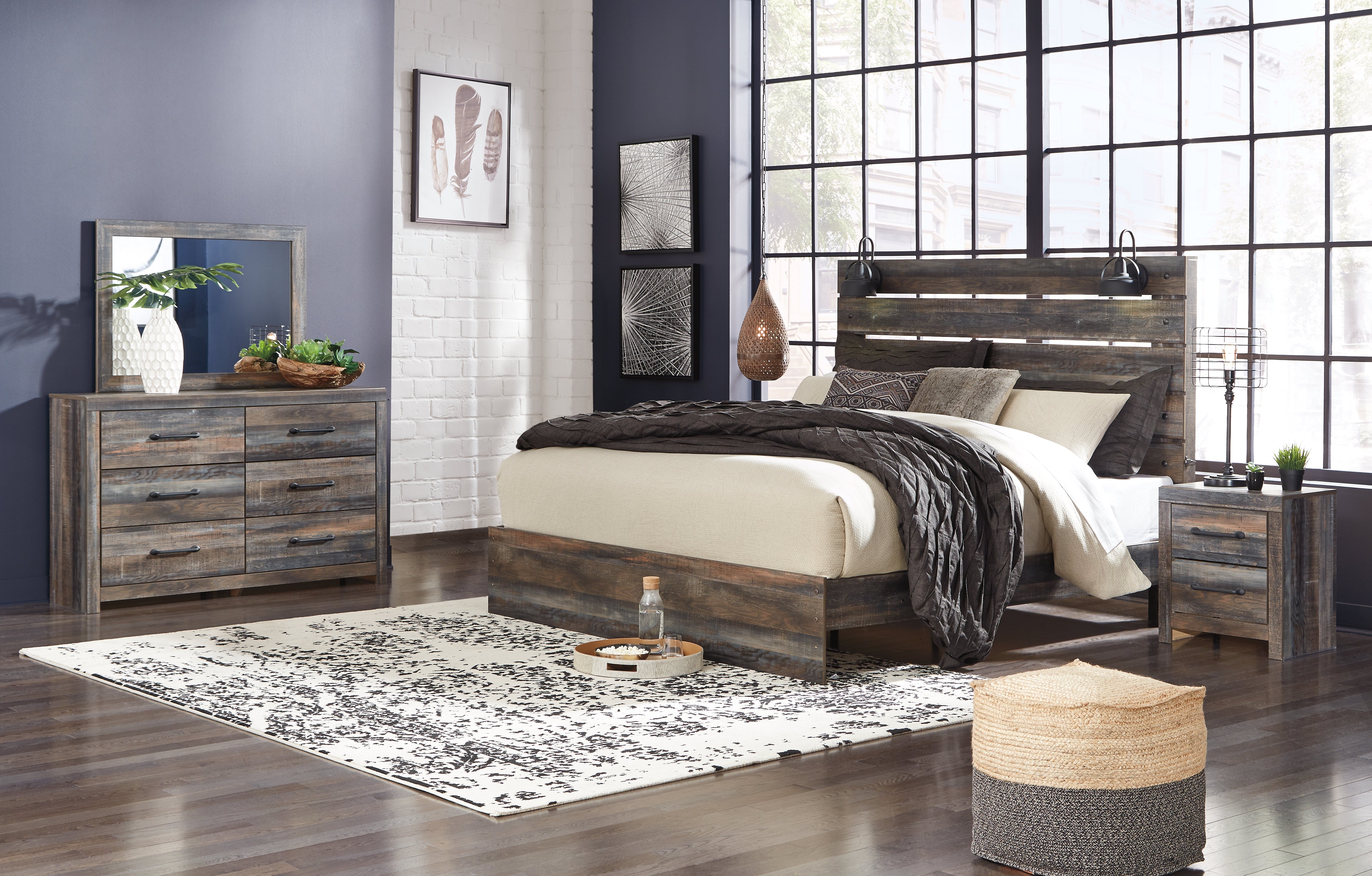 Hoover Furniture Outlet - Ashley Furniture - Drystan King Panel Bed, Dresser, Mirror, and Nightstand - King Panel Bed, Dresser, Mirror, and Nightstand - B211B59