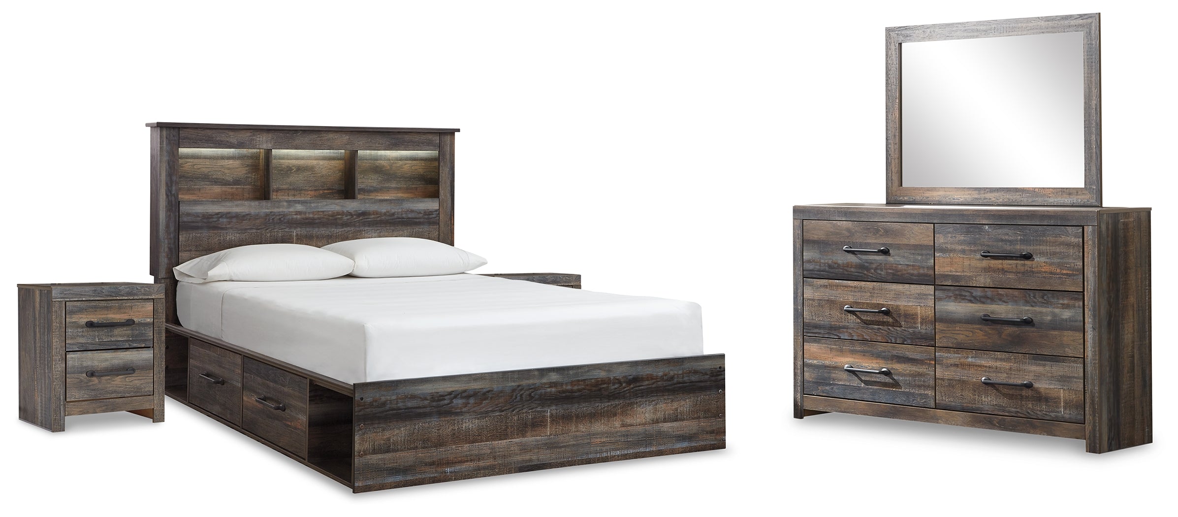 Hoover Furniture Outlet - Ashley Furniture - Drystan Queen Bookcase Storage Bed, Dresser, Mirror and 2 Nightstands - Queen Bookcase Storage Bed, Dresser, Mirror and 2 Nightstands - B211B19
