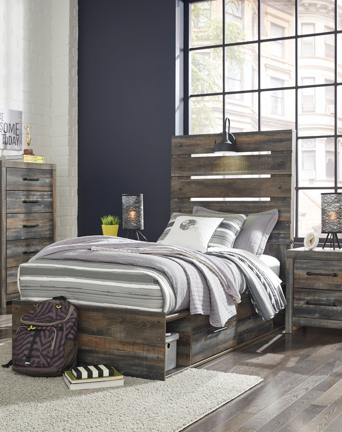 Hoover Furniture Outlet - Ashley Furniture - Drystan Twin Panel Bed with 2 Storage Drawers - Twin Panel Bed with 2 Storage Drawers / Multi - B211B8