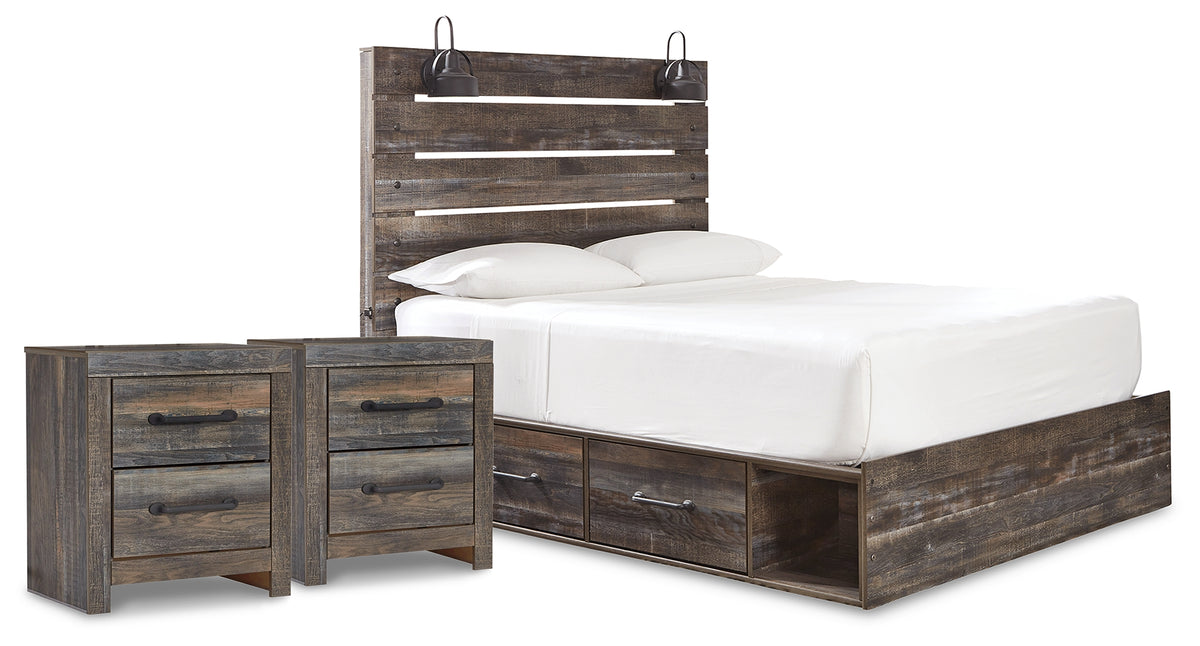 Hoover Furniture Outlet - Ashley Furniture - Drystan Queen Panel Storage Bed and 2 Nightstands - Queen Panel Storage Bed and 2 Nightstands - B211B89