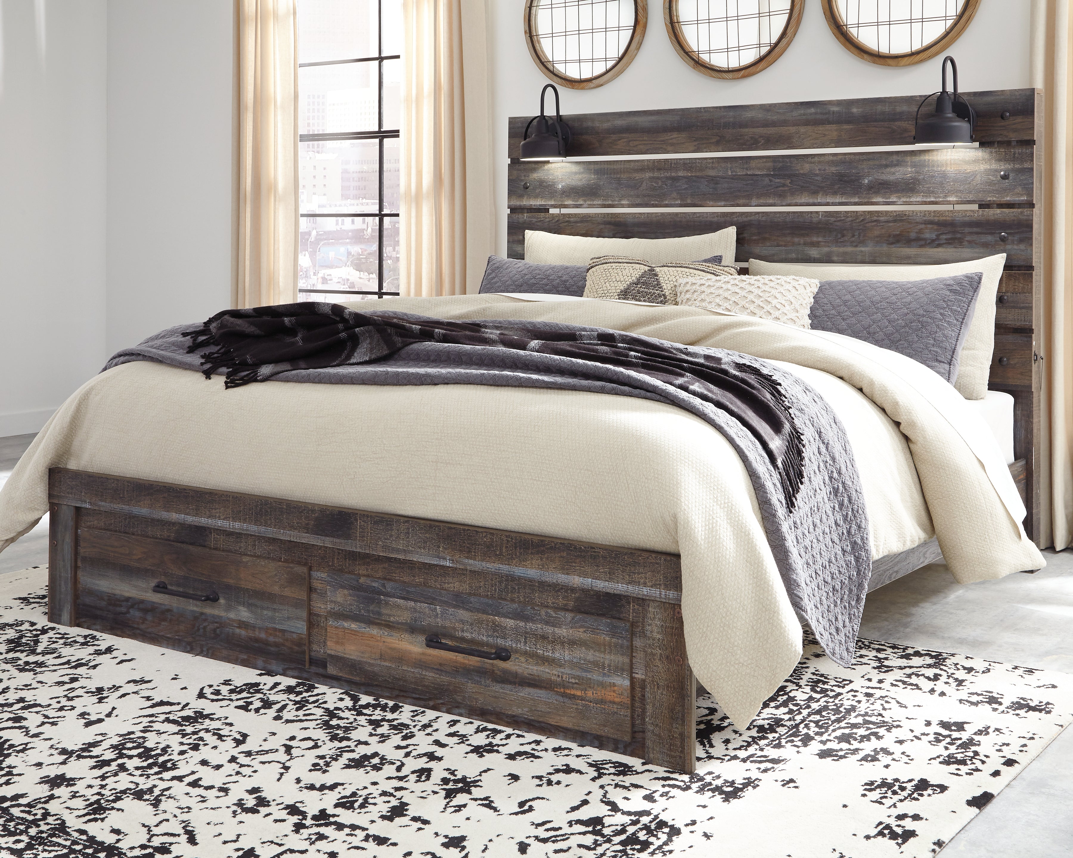 Hoover Furniture Outlet - Ashley Furniture - Drystan King Panel Bed with 2 Storage Drawers - King Panel Bed with 2 Storage Drawers / Multi - B211B55