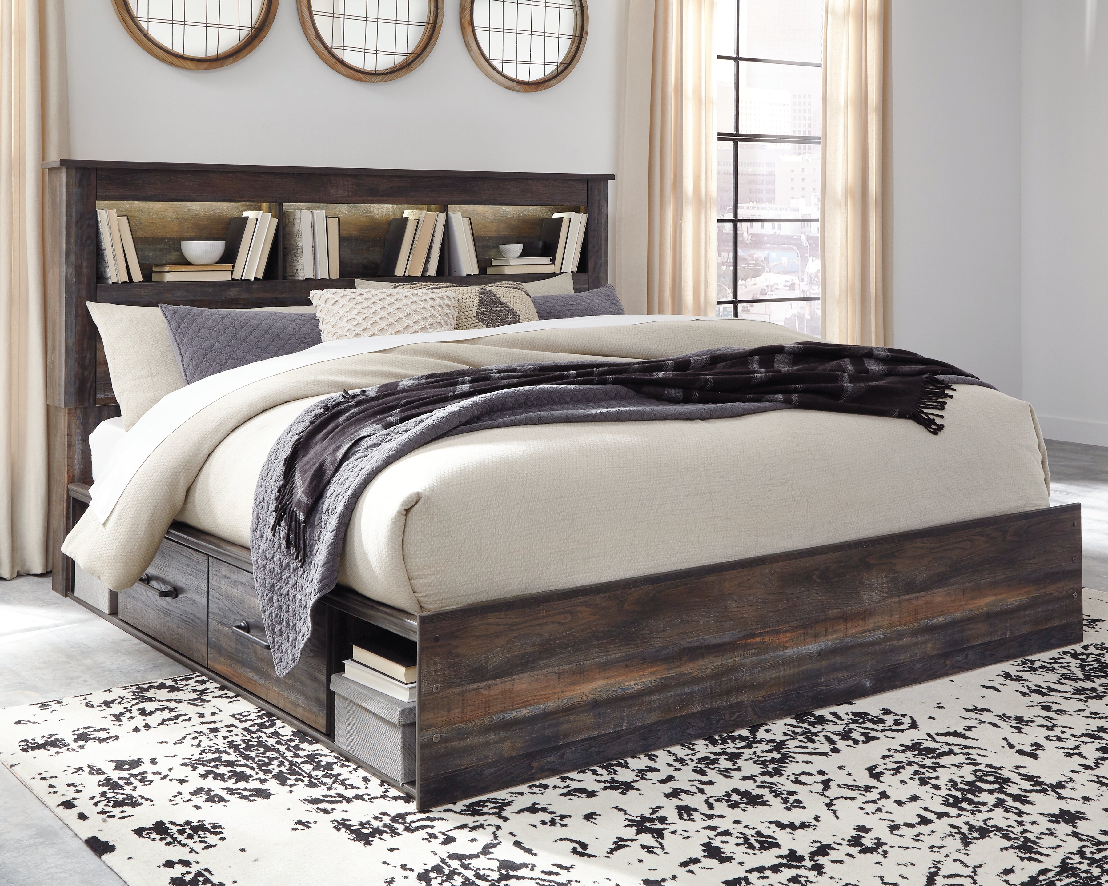 Hoover Furniture Outlet - Ashley Furniture - Drystan King Bookcase Bed with 2 Storage Drawers - King Bookcase Bed with 2 Storage Drawers / Multi - B211B51