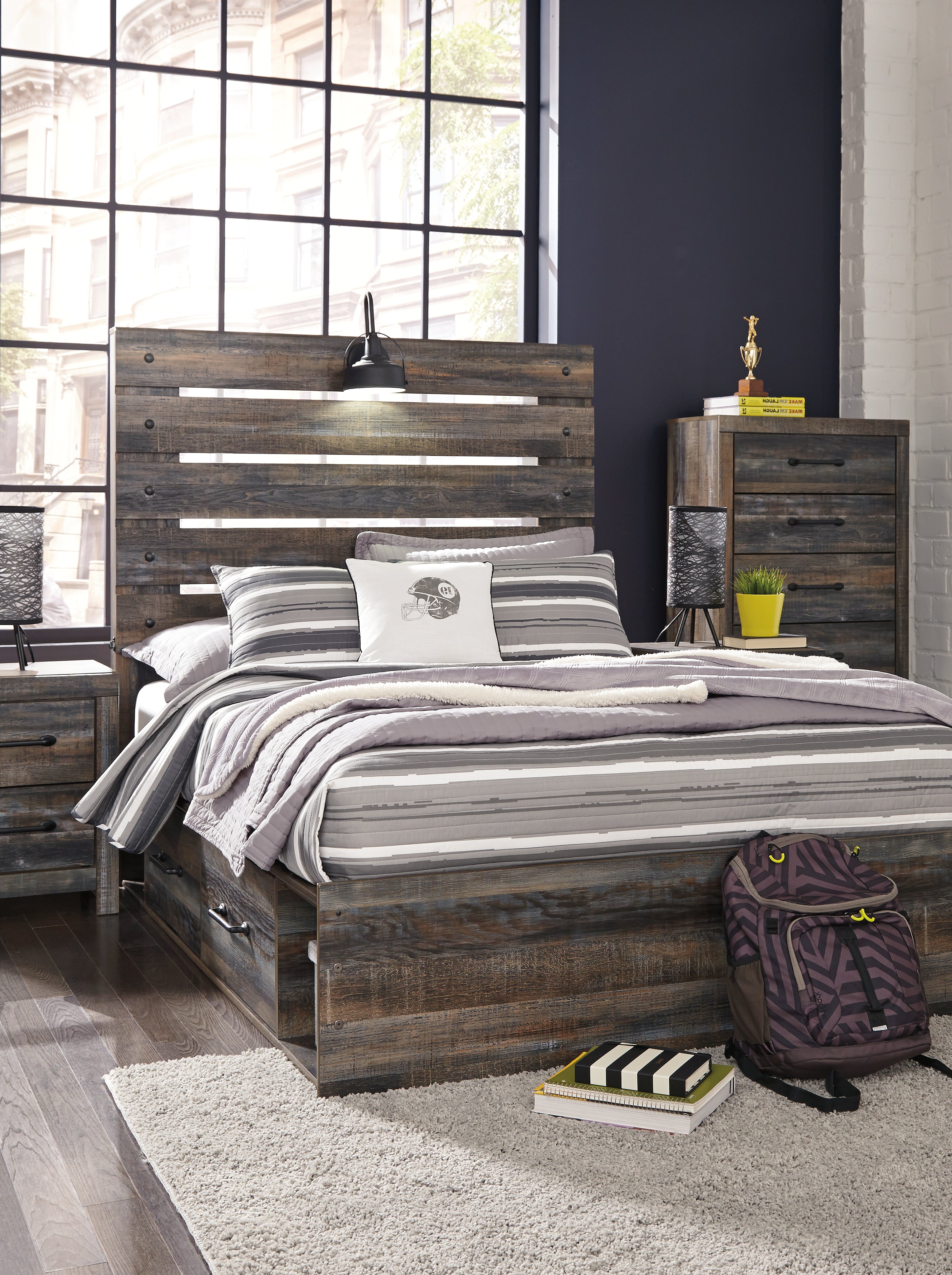Hoover Furniture Outlet - Ashley Furniture - Drystan Full Panel Bed with 4 Storage Drawers - Full Panel Bed with 4 Storage Drawers / Multi - B211B12