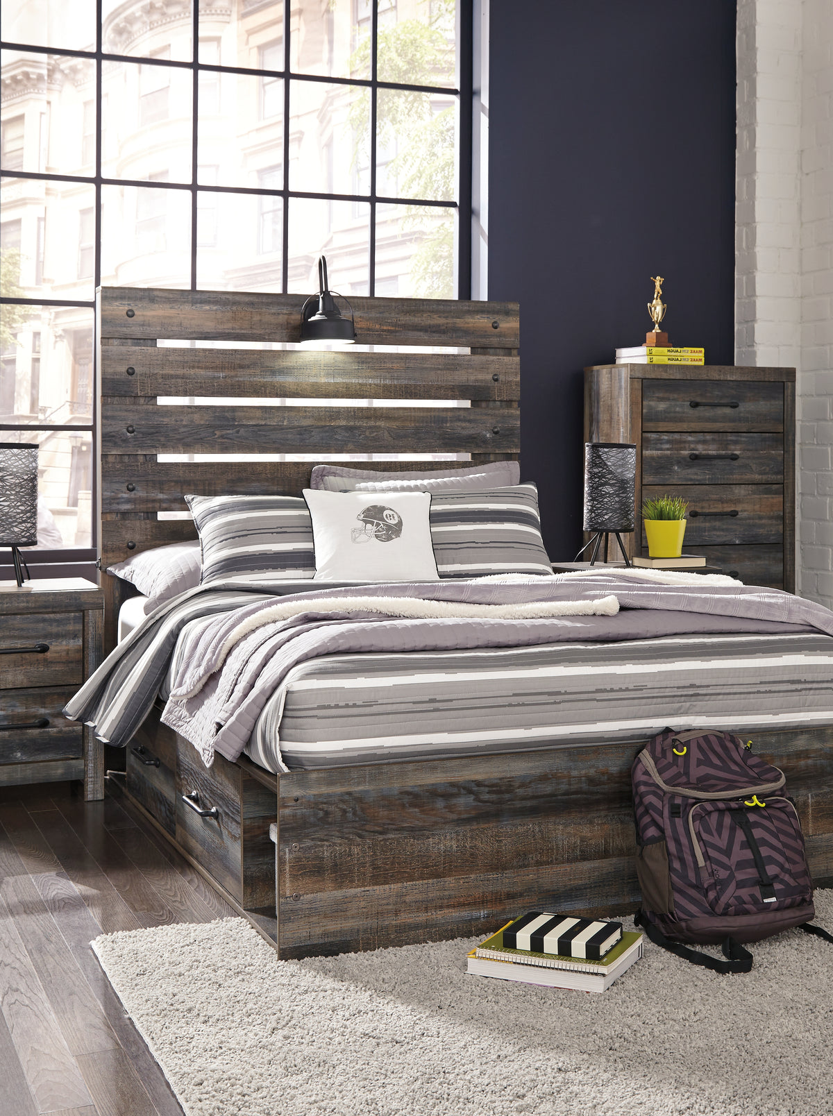 Hoover Furniture Outlet - Ashley Furniture - Drystan Full Panel Bed with 4 Storage Drawers - Full Panel Bed with 4 Storage Drawers / Multi - B211B12