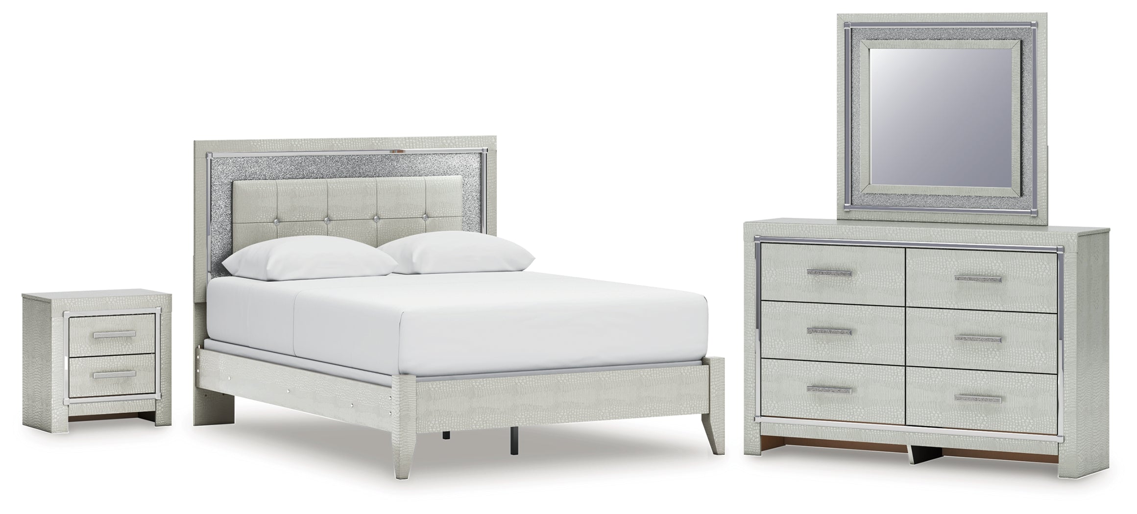 Hoover Furniture Outlet - Ashley Furniture - Zyniden Queen Upholstered Panel Bed, Dresser, Mirror and Nightstand - Queen Upholstered Panel Bed, Dresser, Mirror and Nightstand - B2114B7