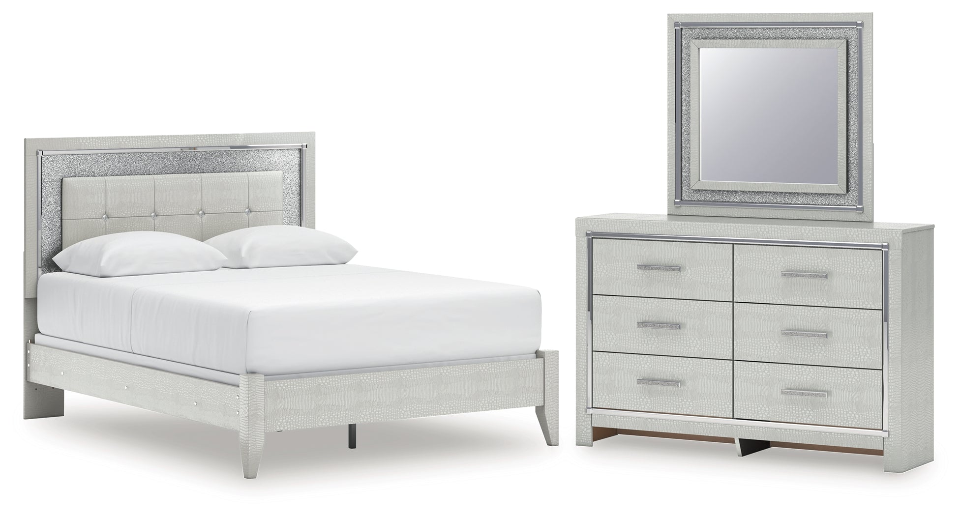 Hoover Furniture Outlet - Ashley Furniture - Zyniden Queen Upholstered Panel Bed, Dresser and Mirror - Queen Upholstered Panel Bed, Dresser and Mirror - B2114B5