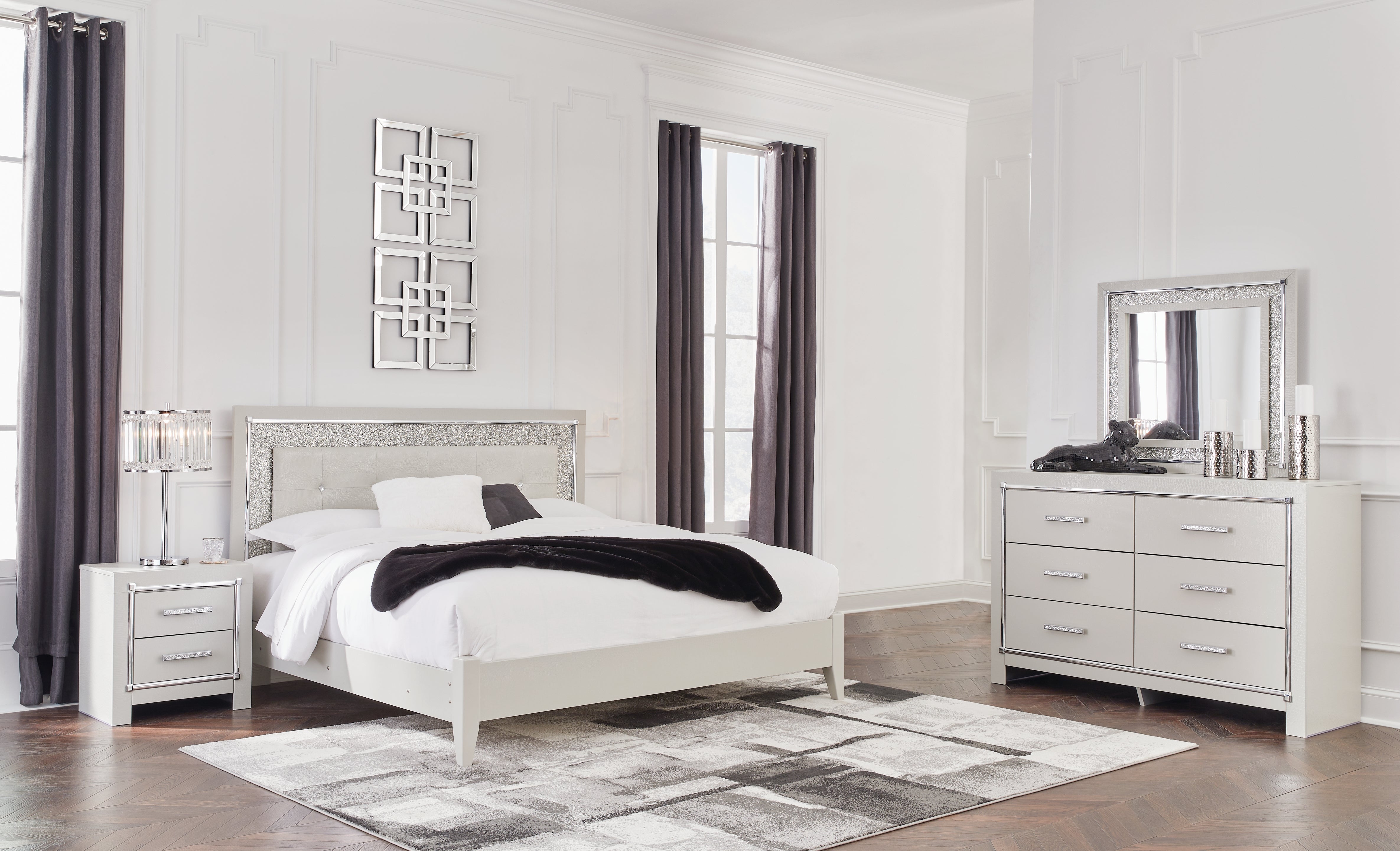 Hoover Furniture Outlet - Ashley Furniture - Zyniden King Upholstered Panel Bed, Dresser, Mirror and Nightstand - King Upholstered Panel Bed, Dresser, Mirror and Nightstand - B2114B8