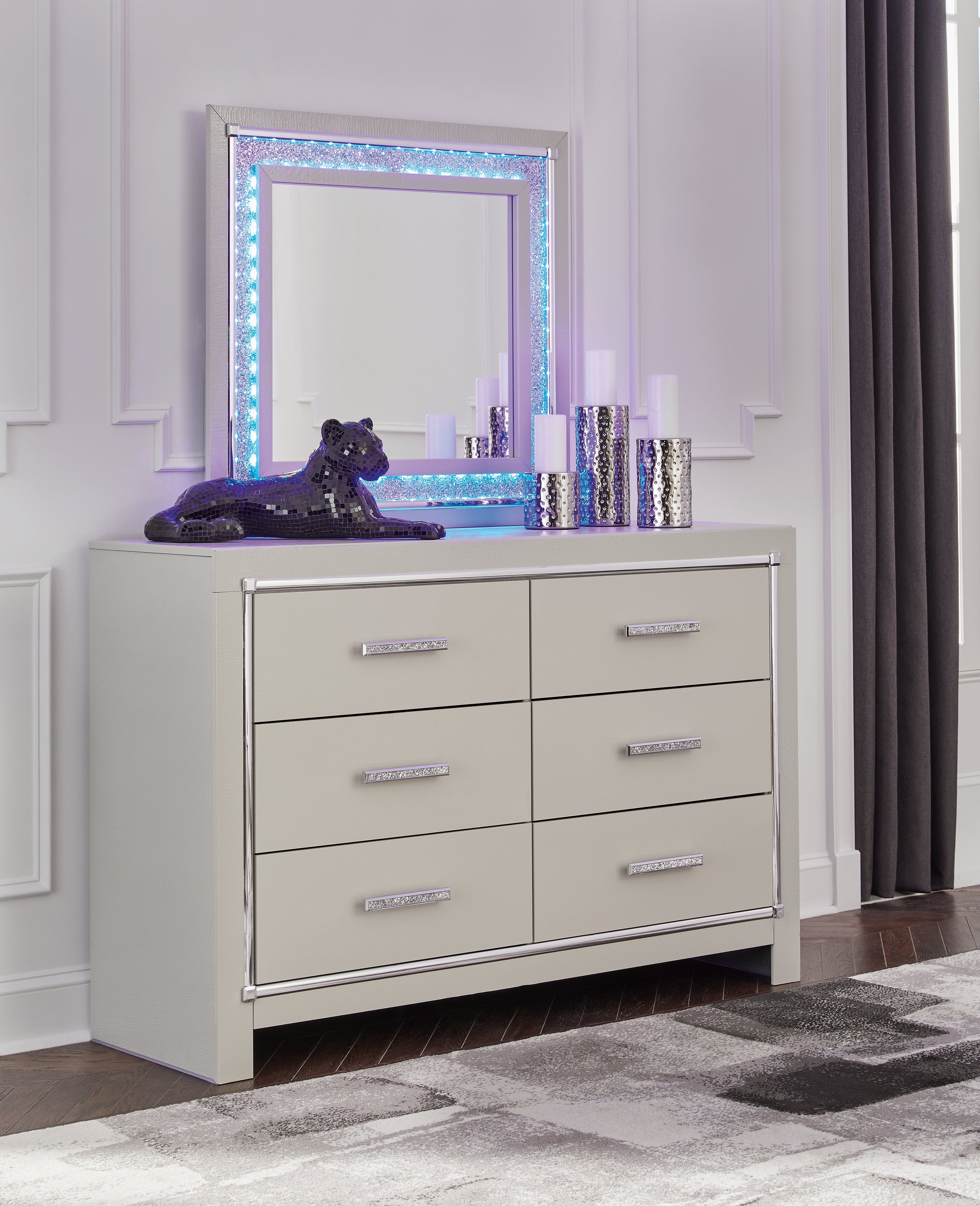 Zyniden Queen Upholstered Panel Bed, Dresser, Mirror, Chest and 2 Nightstands