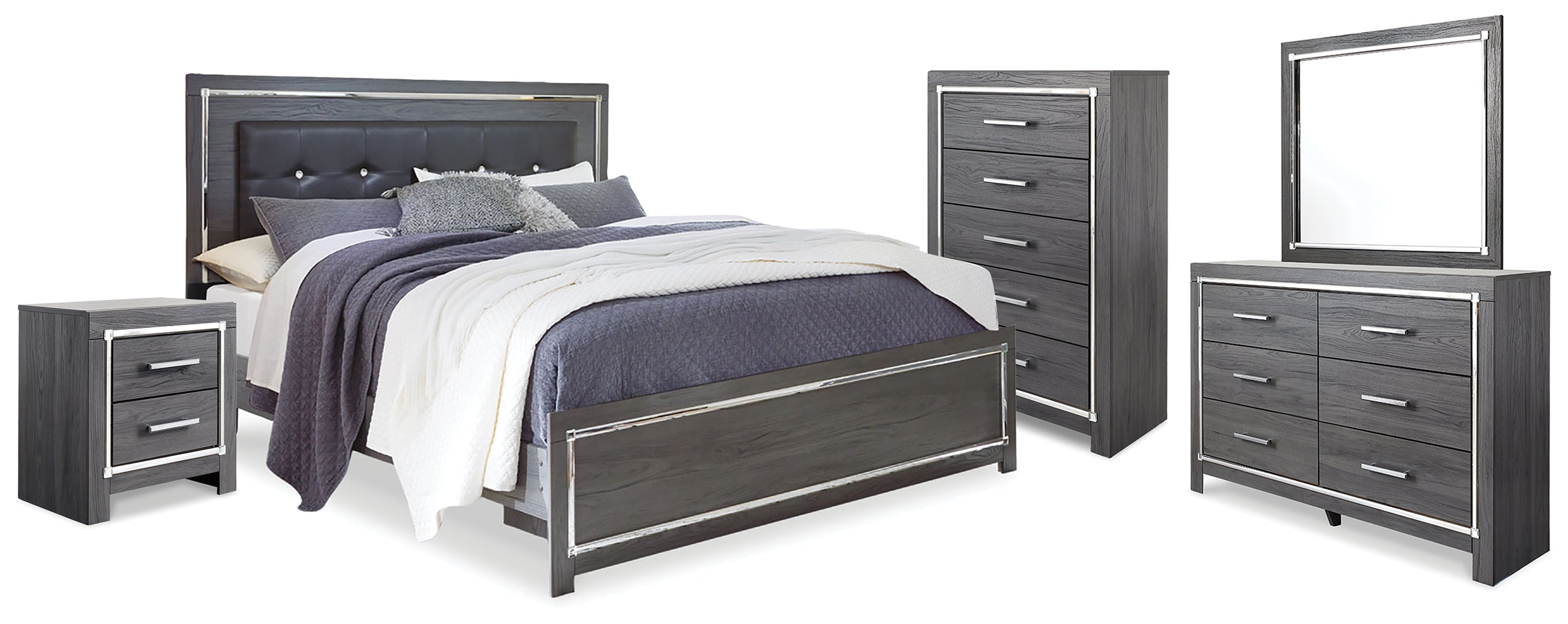 Hoover Furniture Outlet - Ashley Furniture - Lodanna King Upholstered Panel Bed, Dresser, Mirror, Chest and Nightstand - King Upholstered Panel Bed, Dresser, Mirror, Chest and Nightstand - B214B26