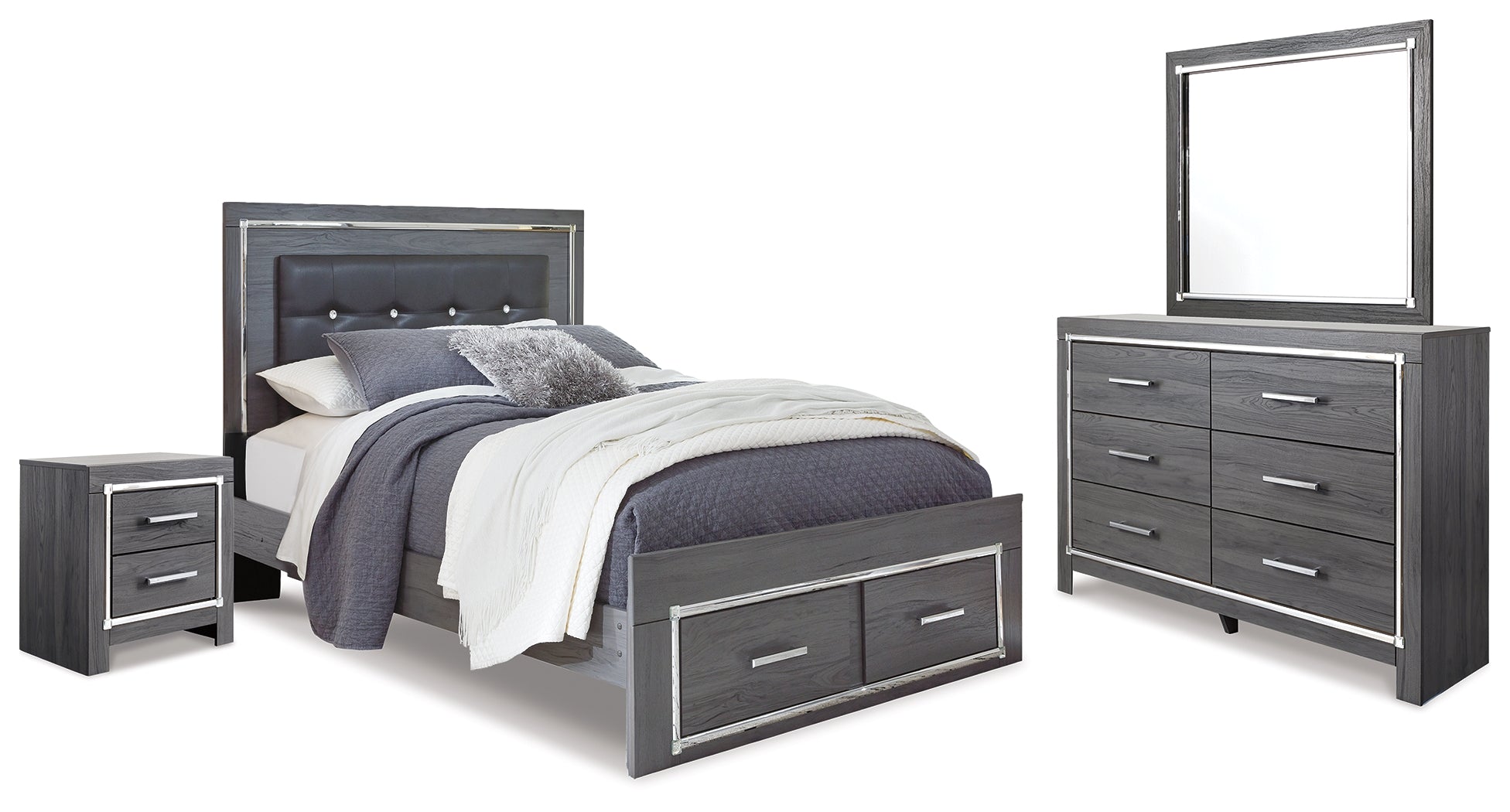 Hoover Furniture Outlet - Ashley Furniture - Lodanna Queen Panel Storage Bed with Mirrored Dresser and Nightstand - Queen Panel Storage Bed with Mirrored Dresser and Nightstand - B214B16